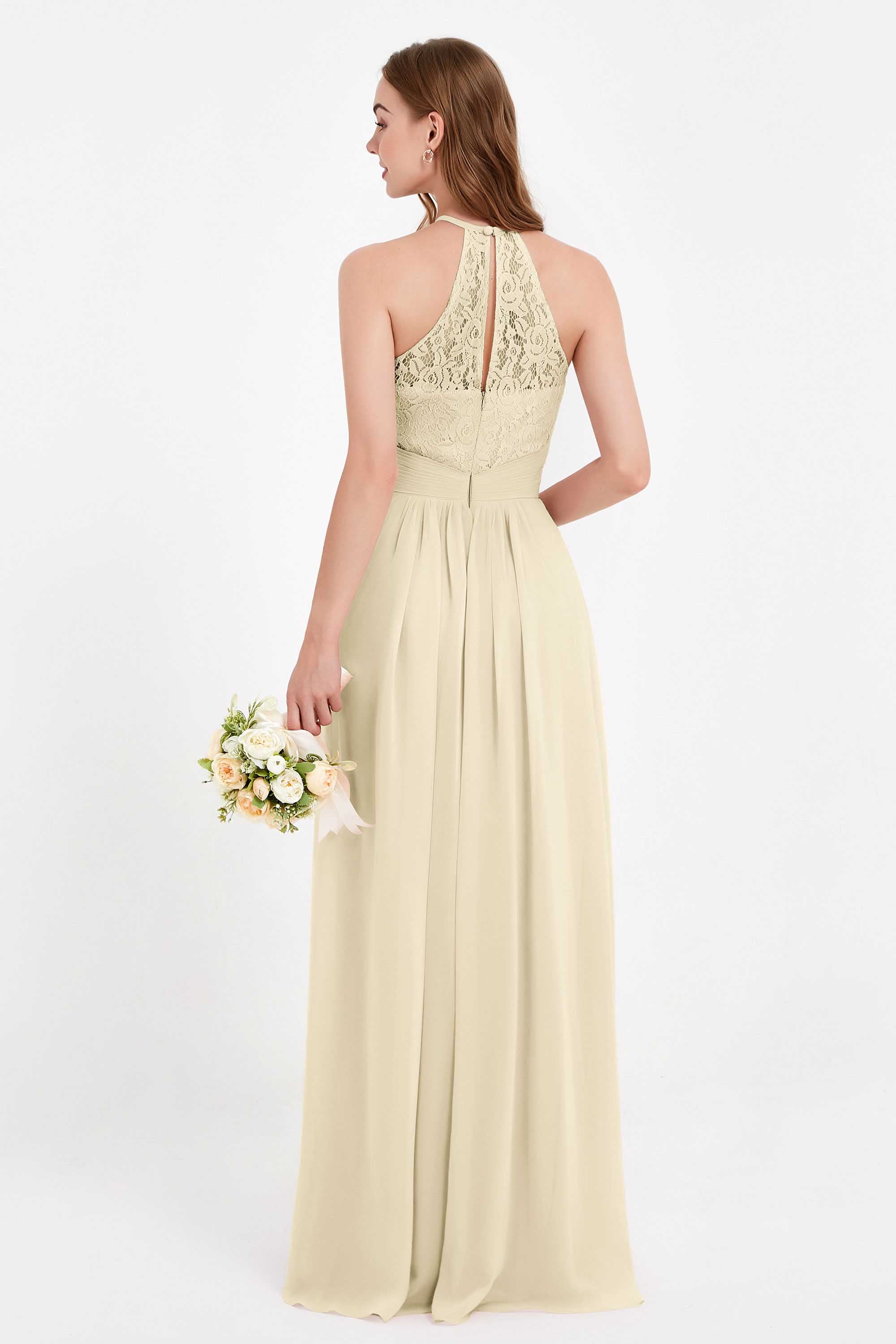 Halter Chiffon Lace Bridesmaid Dress Pleated Ruched Formal Evening Prom Dresses Gowns