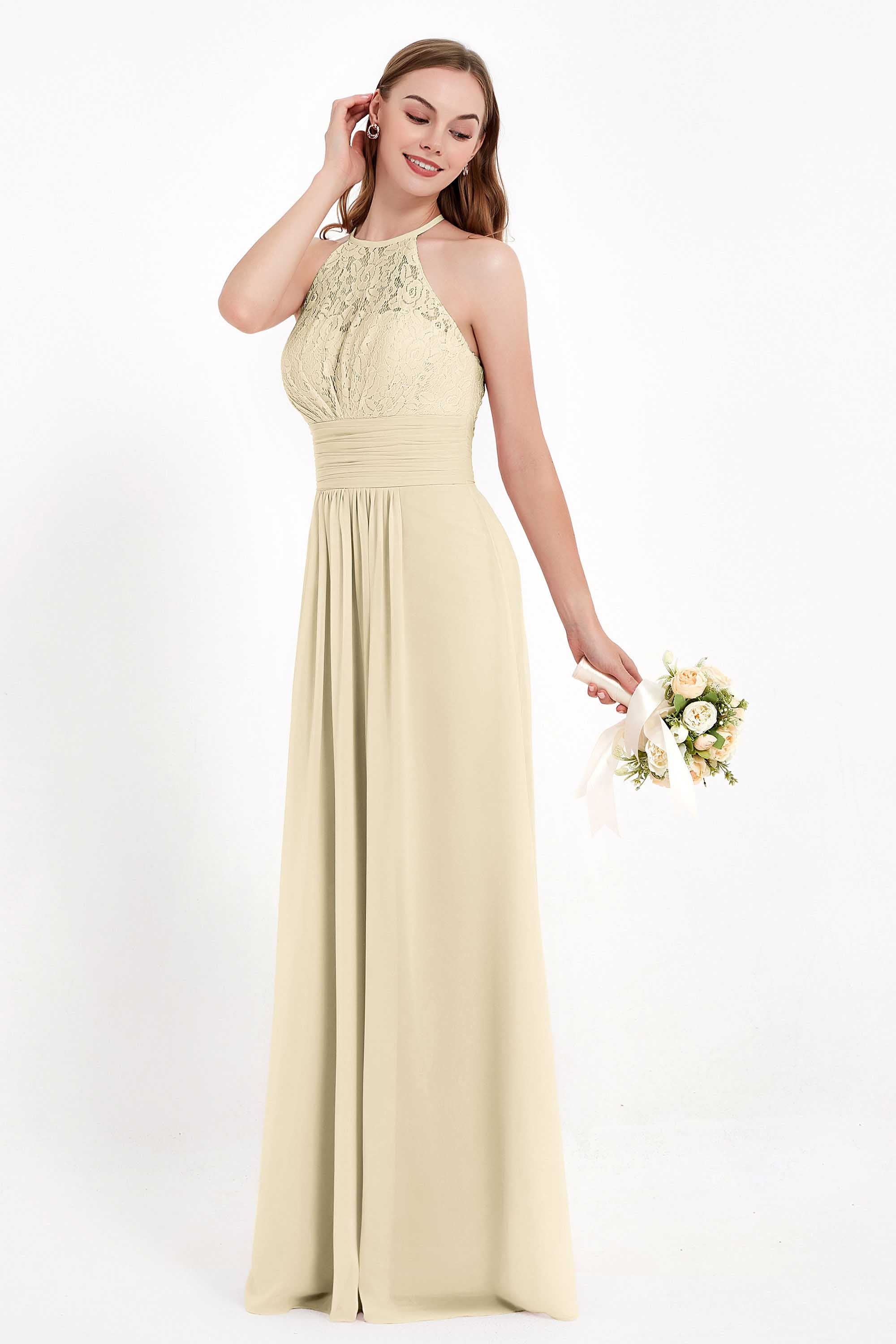 Halter Chiffon Lace Bridesmaid Dress Pleated Ruched Formal Evening Prom Dresses Gowns