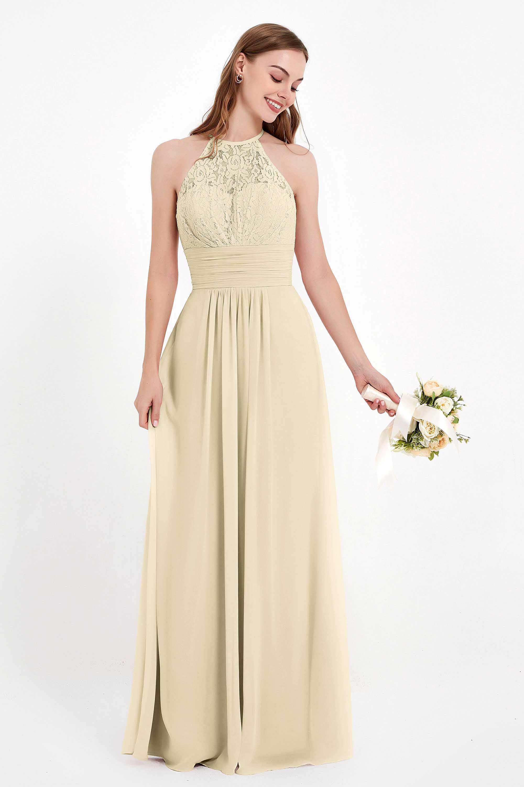 Halter Chiffon Lace Bridesmaid Dress Pleated Ruched Formal Evening Prom Dresses Gowns