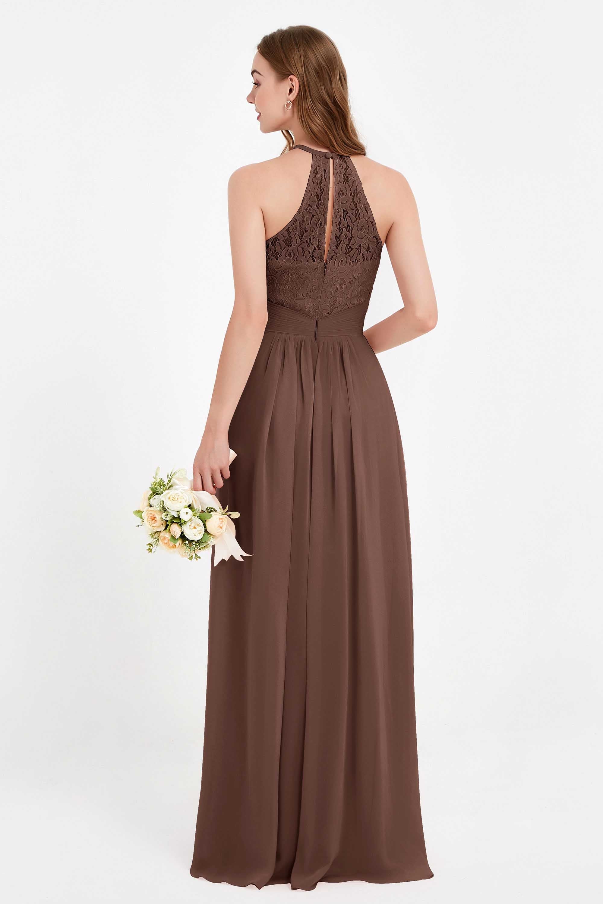 Halter Chiffon Lace Bridesmaid Dress Pleated Ruched Formal Evening Prom Dresses Gowns