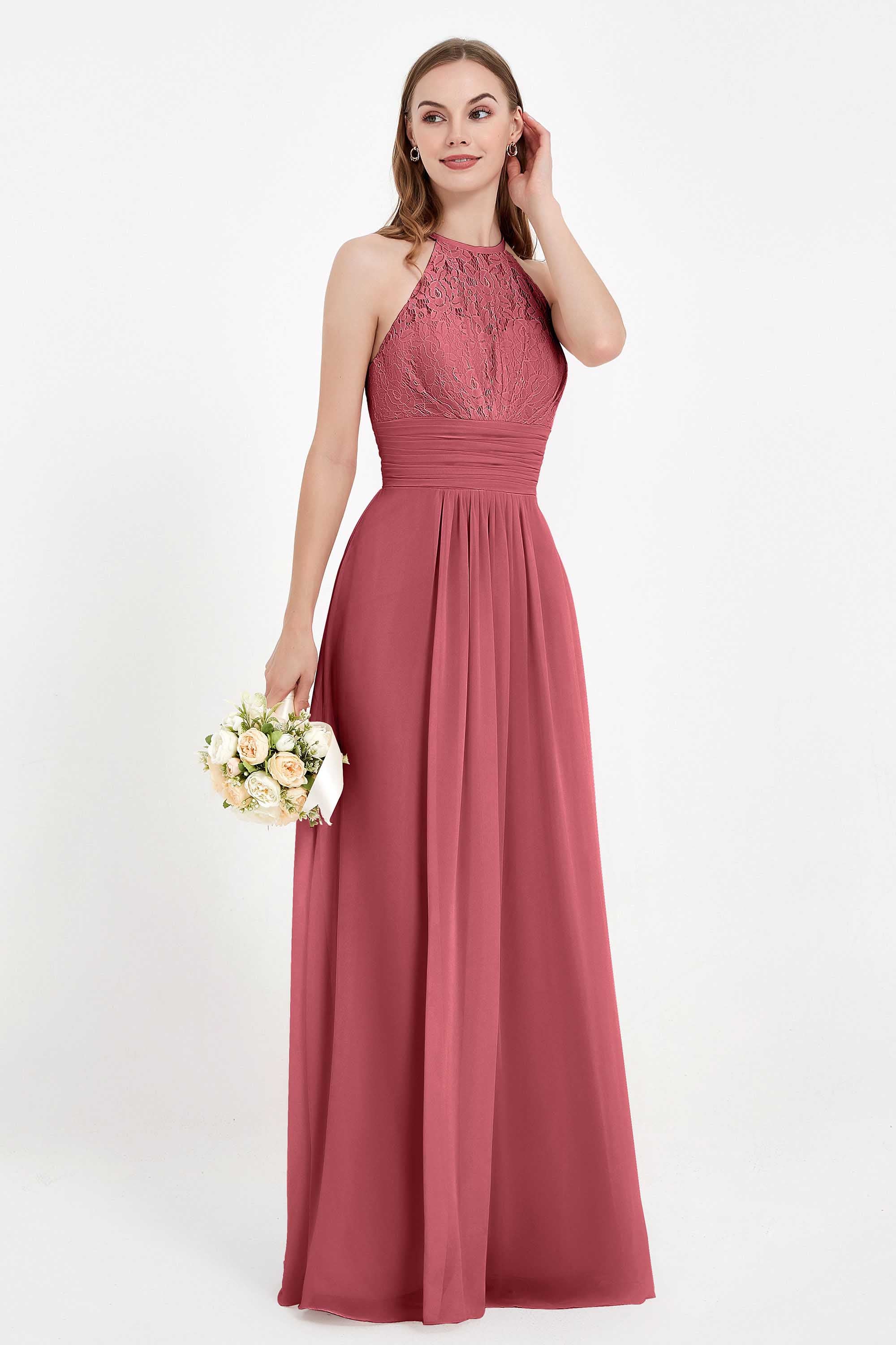 Halter Chiffon Lace Bridesmaid Dress Pleated Ruched Formal Evening Prom Dresses Gowns
