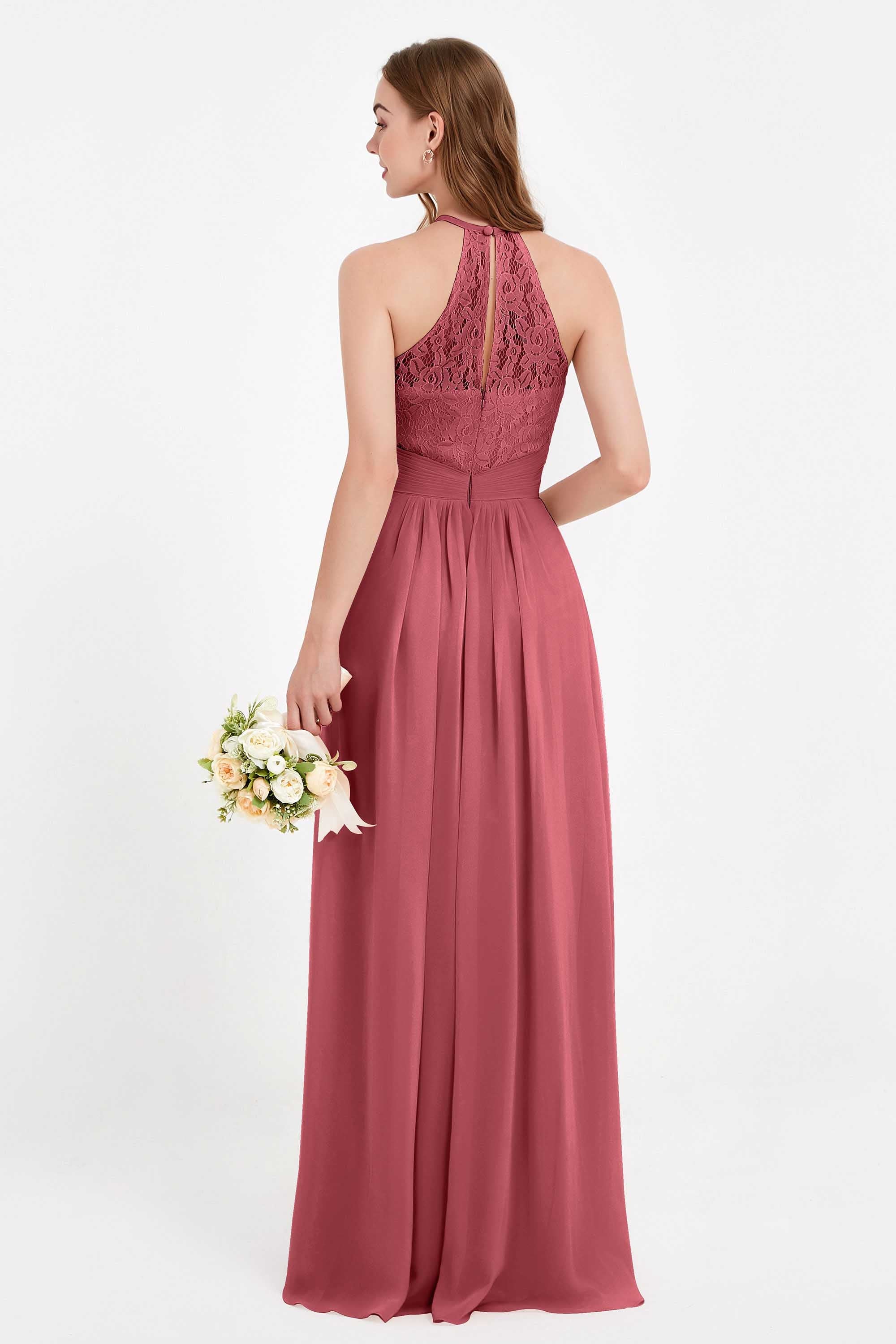 Halter Chiffon Lace Bridesmaid Dress Pleated Ruched Formal Evening Prom Dresses Gowns