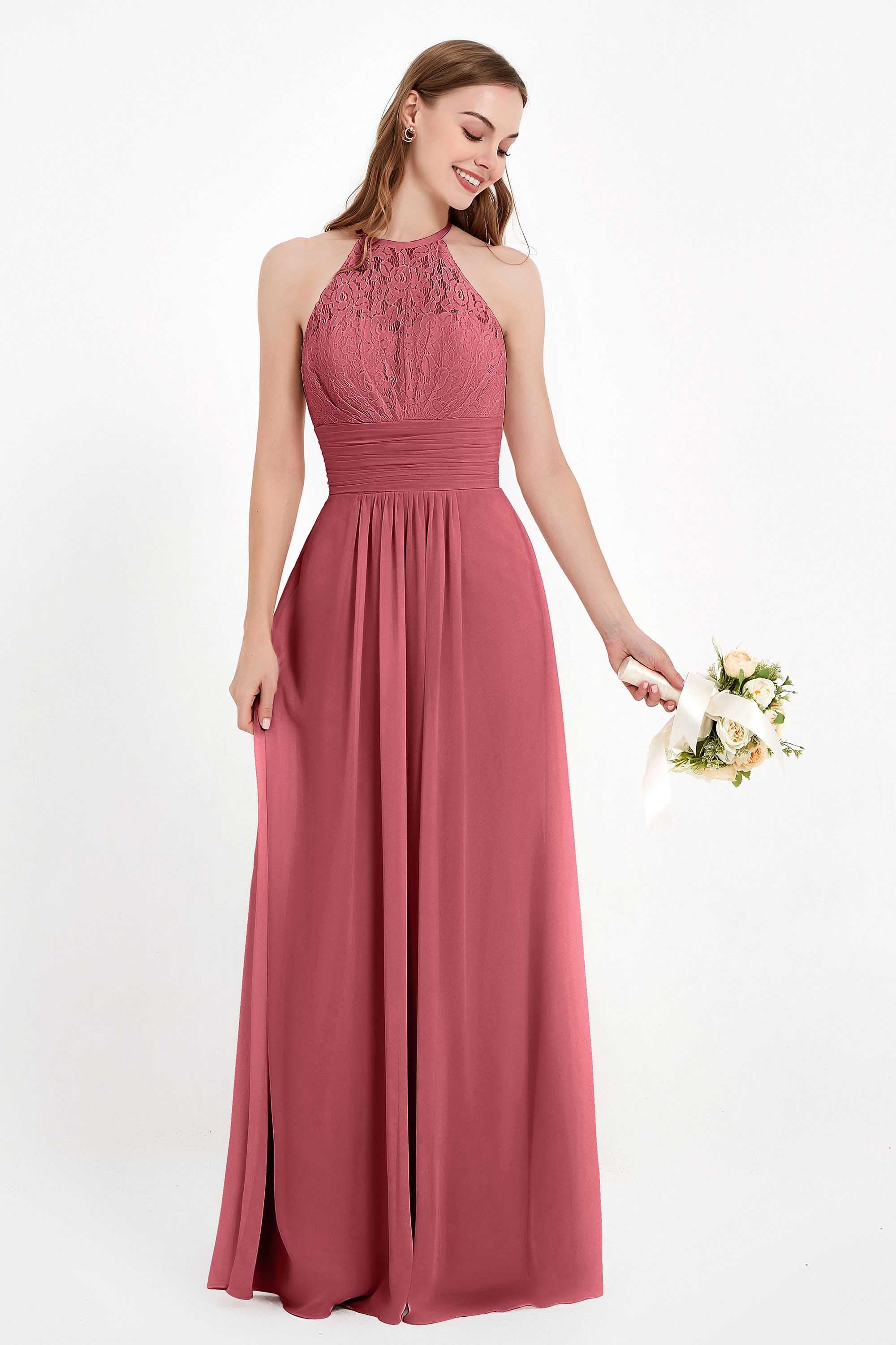 Halter Chiffon Lace Bridesmaid Dress Pleated Ruched Formal Evening Prom Dresses Gowns