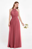 Halter Chiffon Lace Bridesmaid Dress Pleated Ruched Formal Evening Prom Dresses Gowns