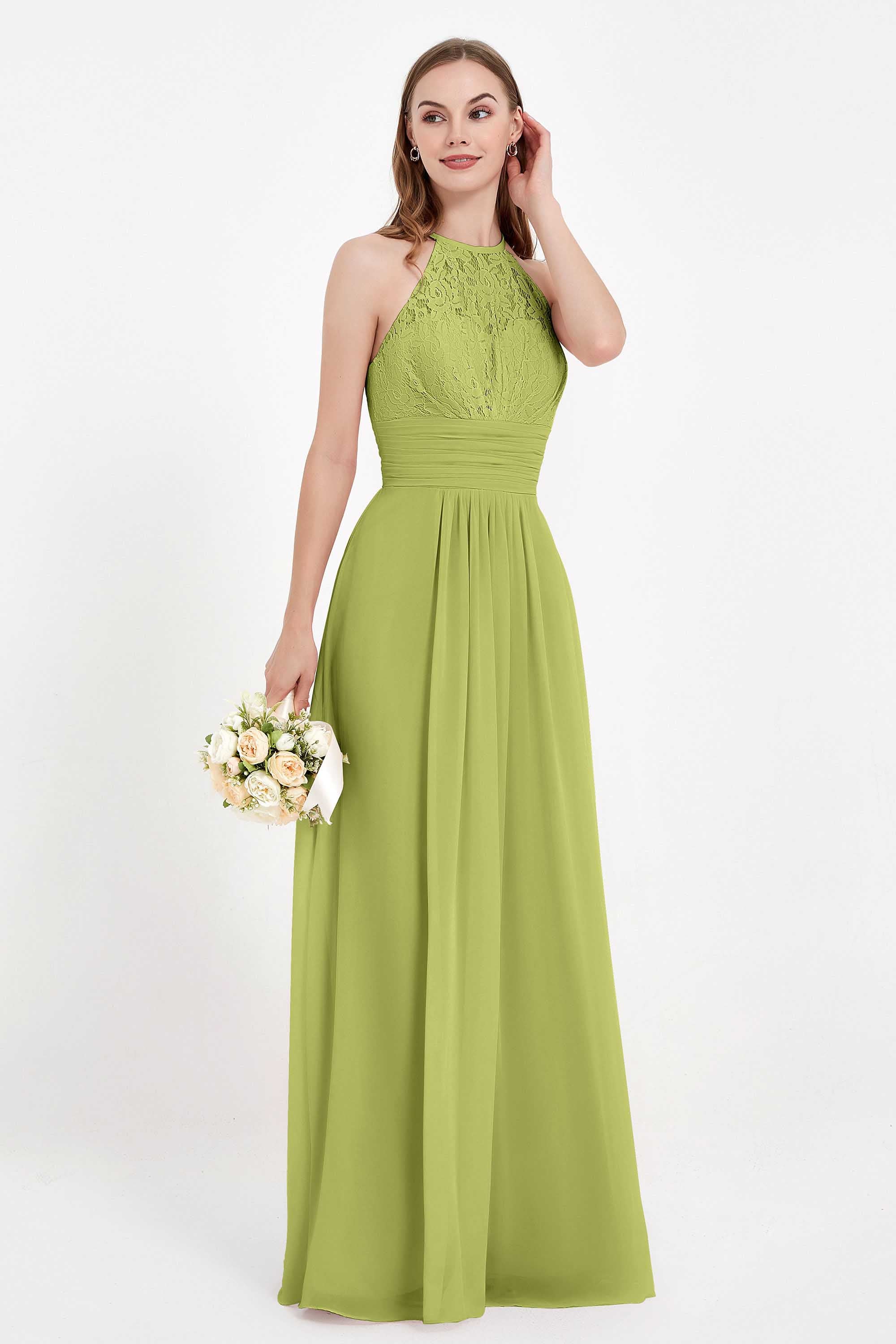 Halter Chiffon Lace Bridesmaid Dress Pleated Ruched Formal Evening Prom Dresses Gowns