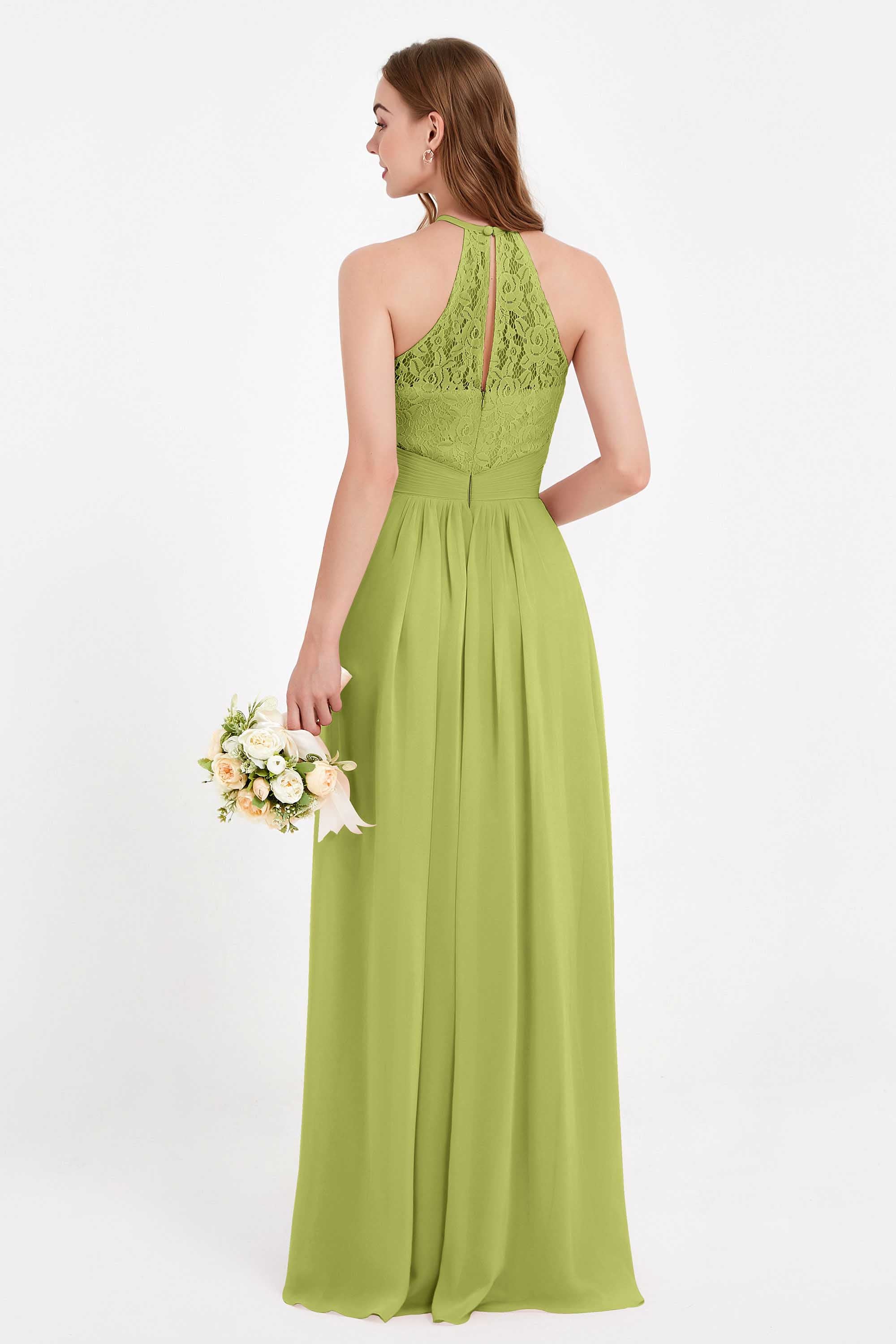 Halter Chiffon Lace Bridesmaid Dress Pleated Ruched Formal Evening Prom Dresses Gowns