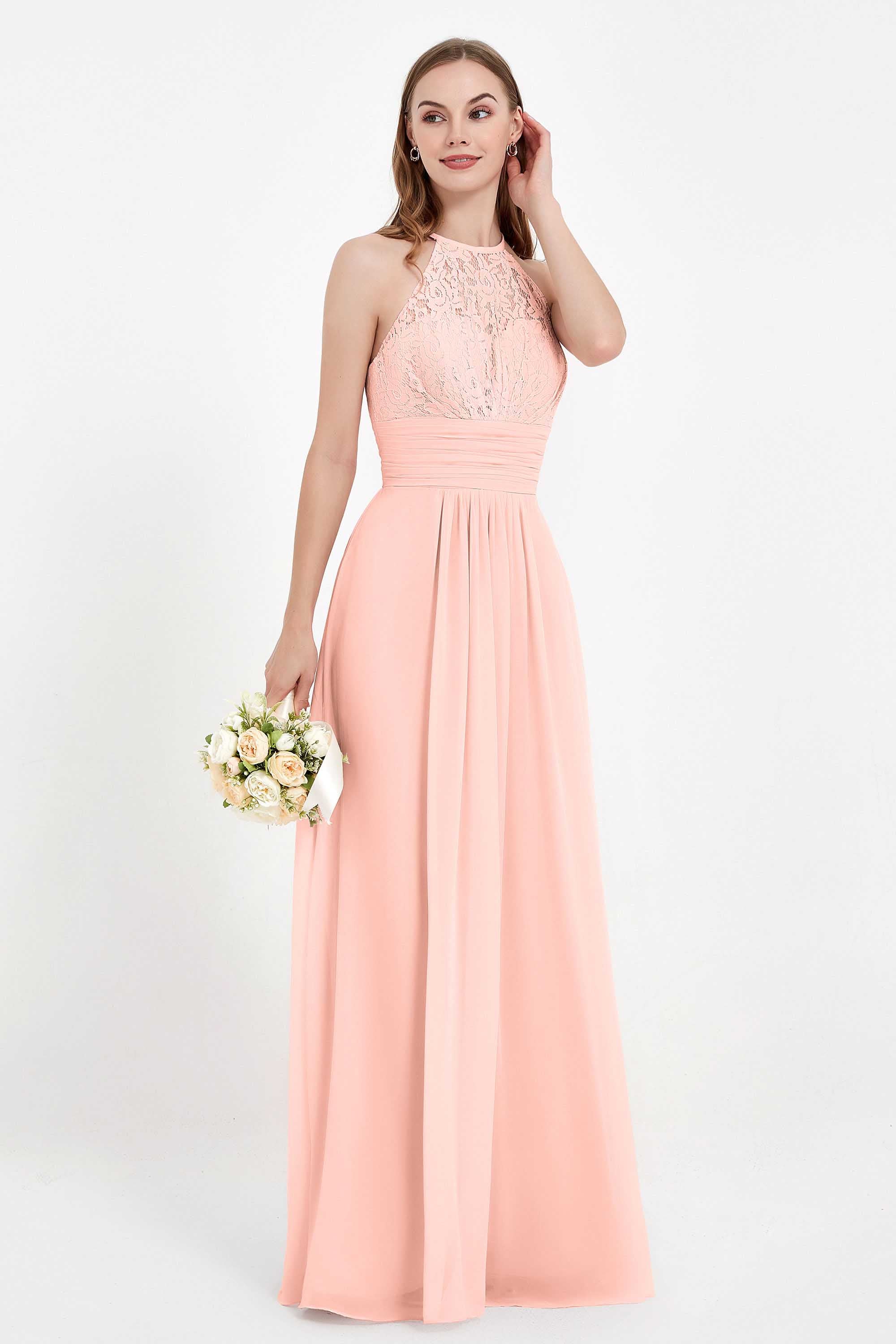 Halter Chiffon Lace Bridesmaid Dress Pleated Ruched Formal Evening Prom Dresses Gowns