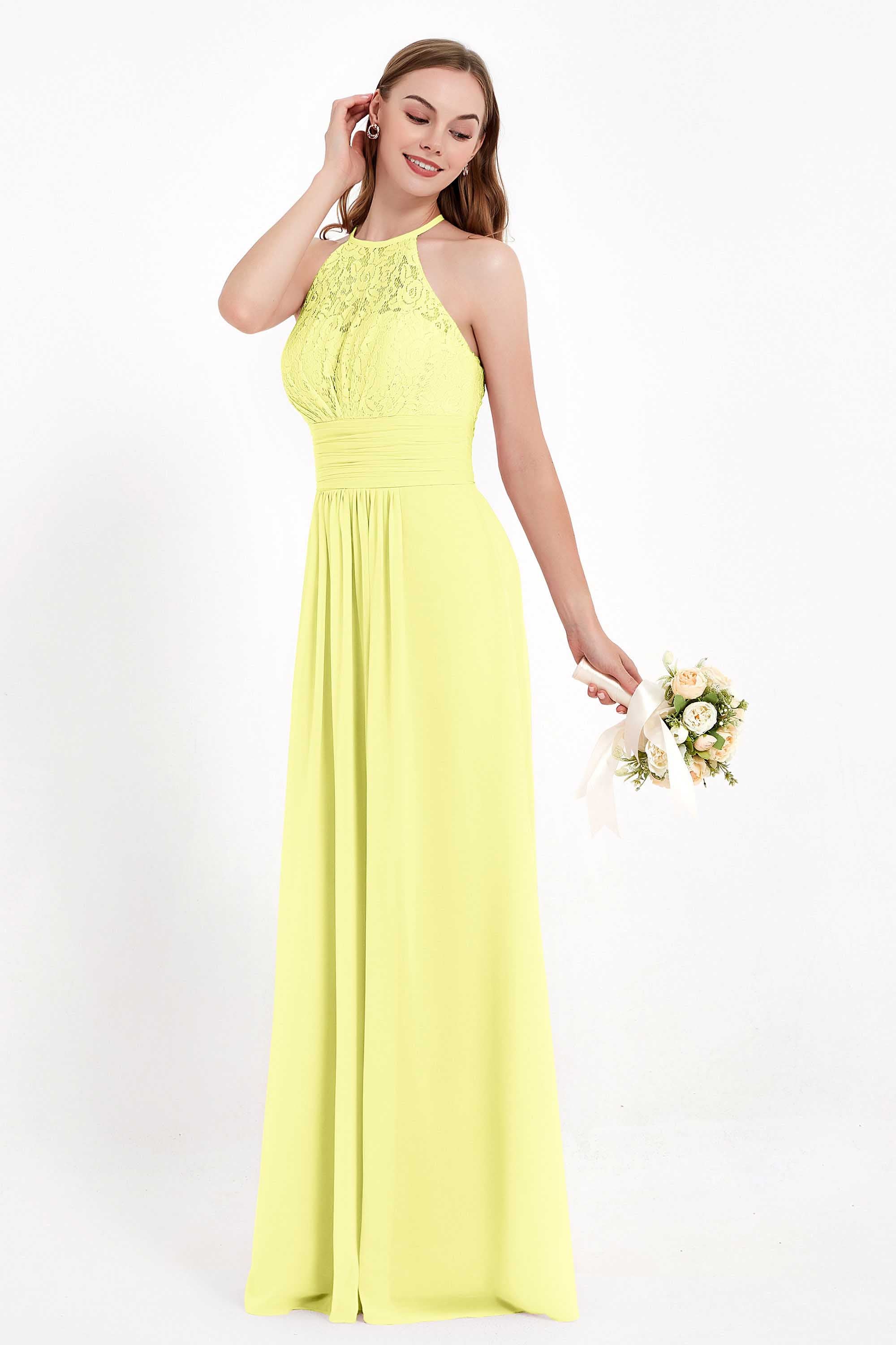 Halter Chiffon Lace Bridesmaid Dress Pleated Ruched Formal Evening Prom Dresses Gowns