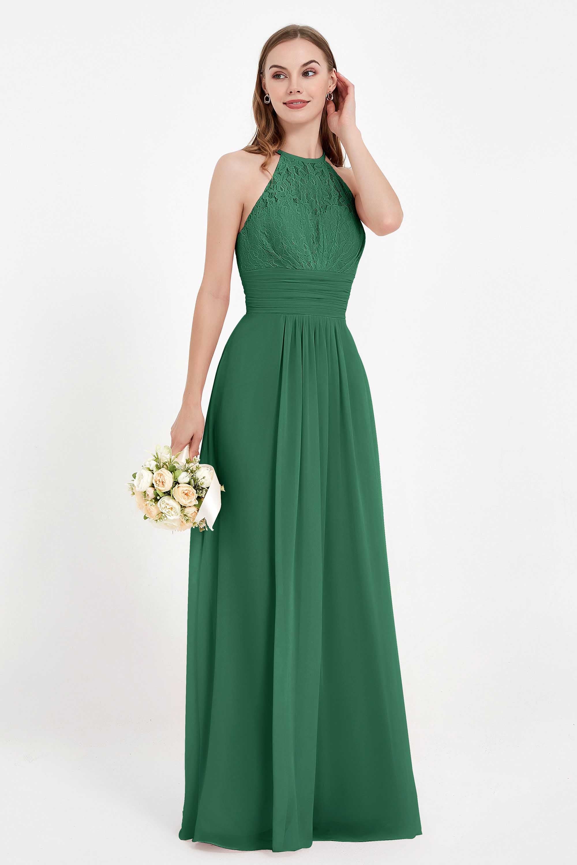 Halter Chiffon Lace Bridesmaid Dress Pleated Ruched Formal Evening Prom Dresses Gowns