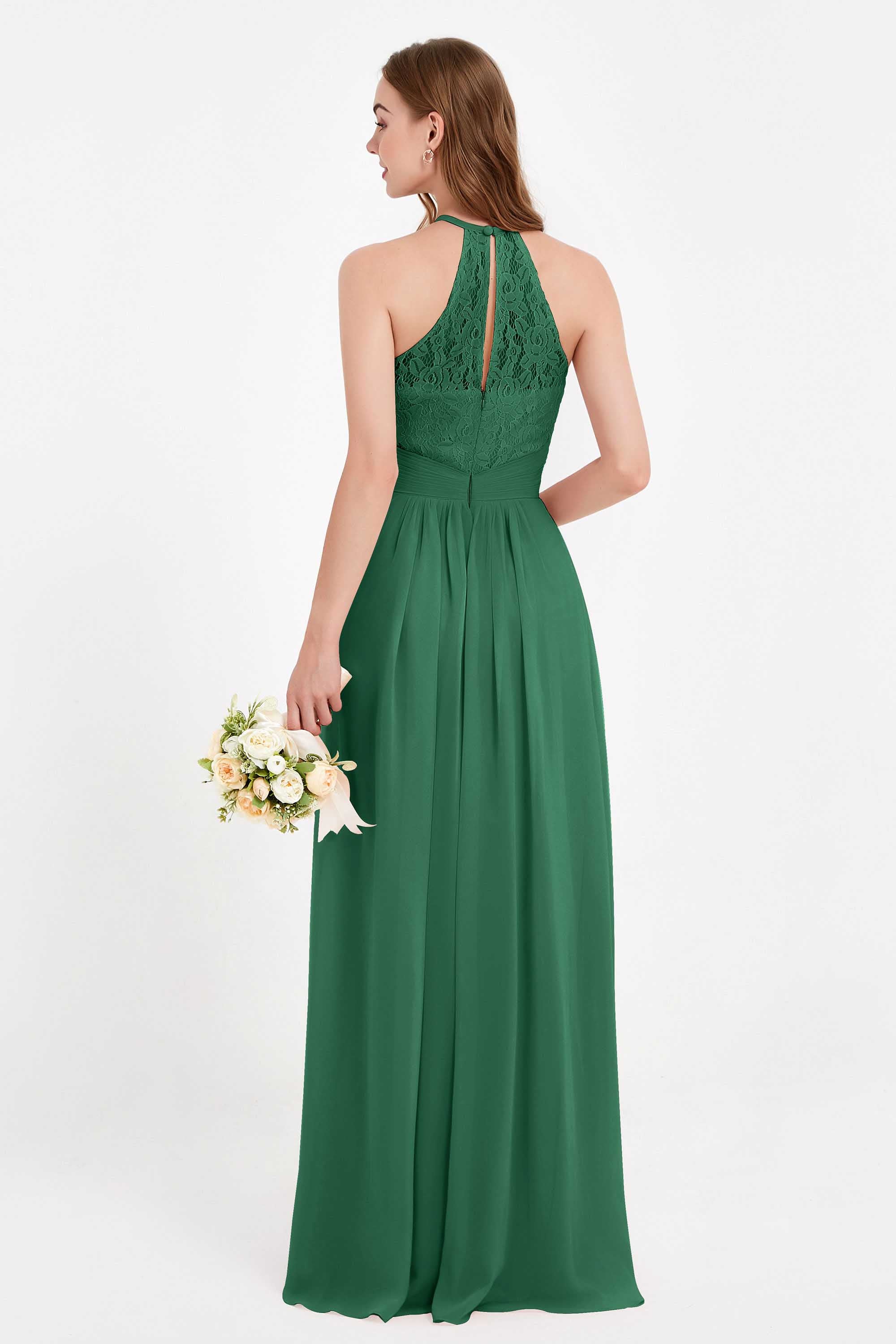 Halter Chiffon Lace Bridesmaid Dress Pleated Ruched Formal Evening Prom Dresses Gowns