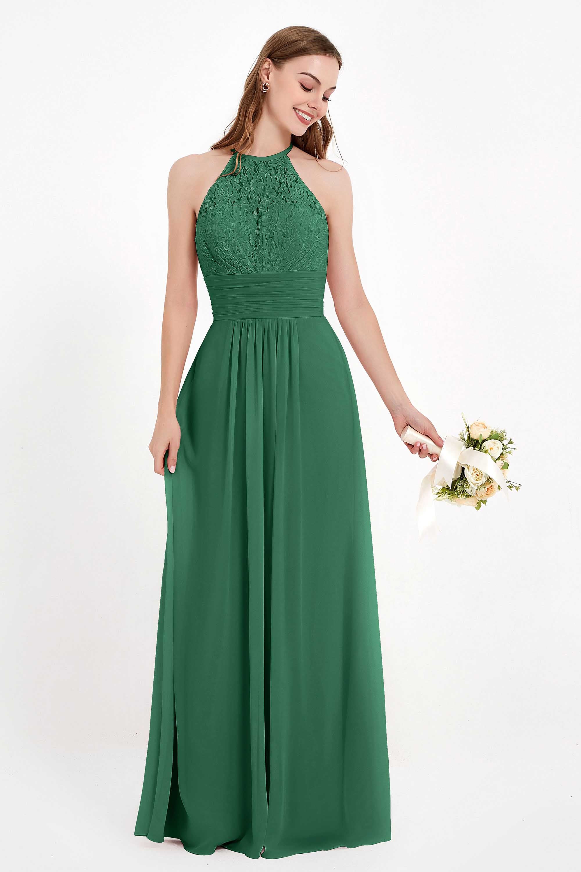 Halter Chiffon Lace Bridesmaid Dress Pleated Ruched Formal Evening Prom Dresses Gowns