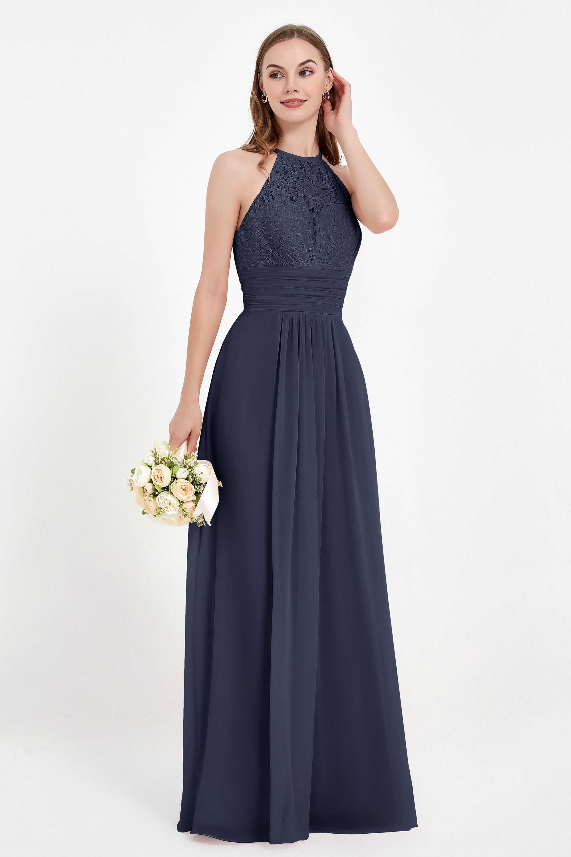 Halter Chiffon Lace Bridesmaid Dress Pleated Ruched Formal Evening Prom Dresses Gowns