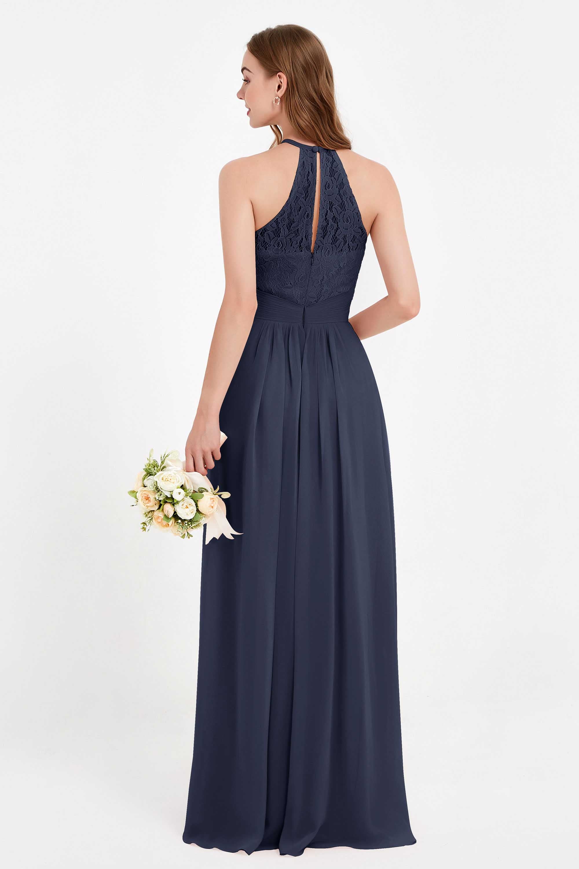 Halter Chiffon Lace Bridesmaid Dress Pleated Ruched Formal Evening Prom Dresses Gowns