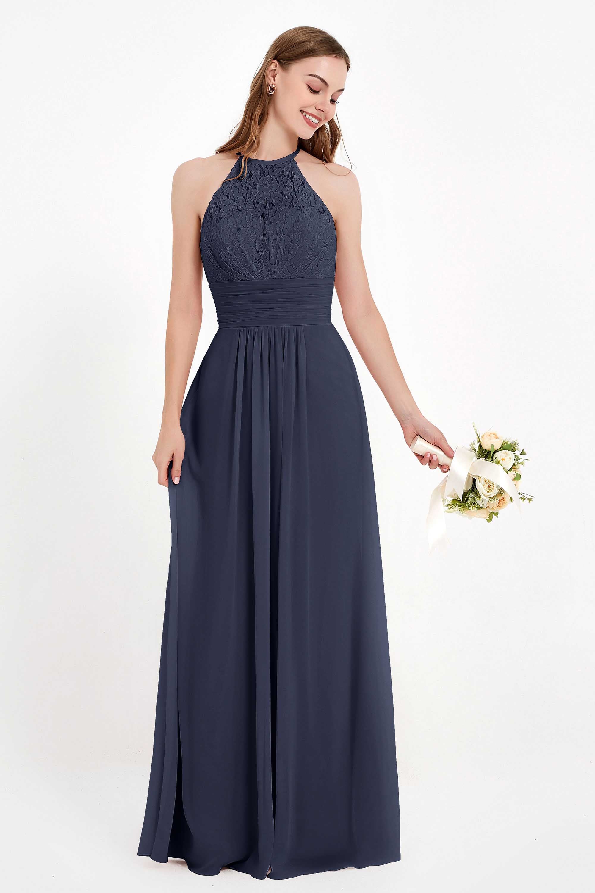Halter Chiffon Lace Bridesmaid Dress Pleated Ruched Formal Evening Prom Dresses Gowns