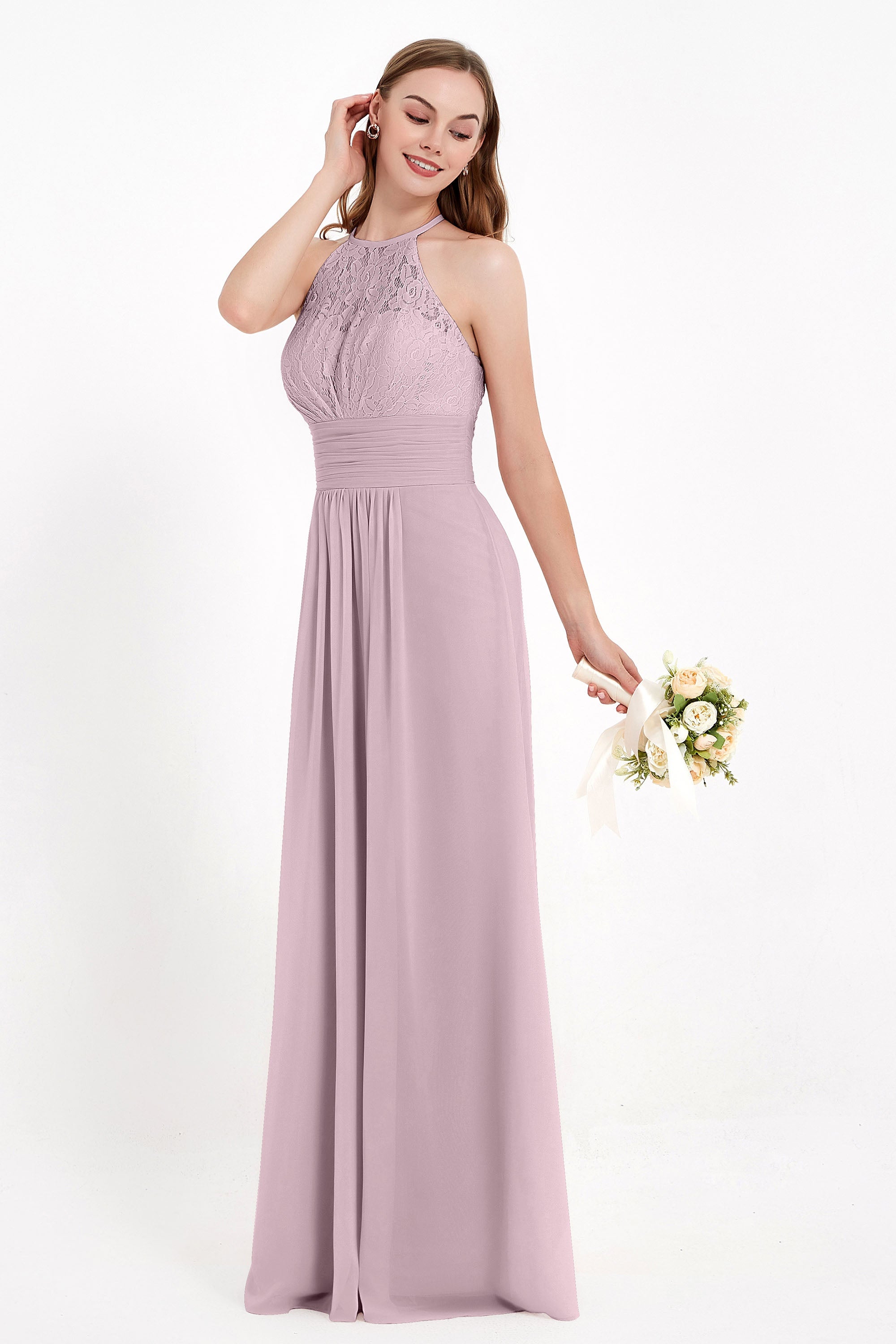 Halter Chiffon Lace Bridesmaid Dress Pleated Ruched Formal Evening Prom Dresses Gowns