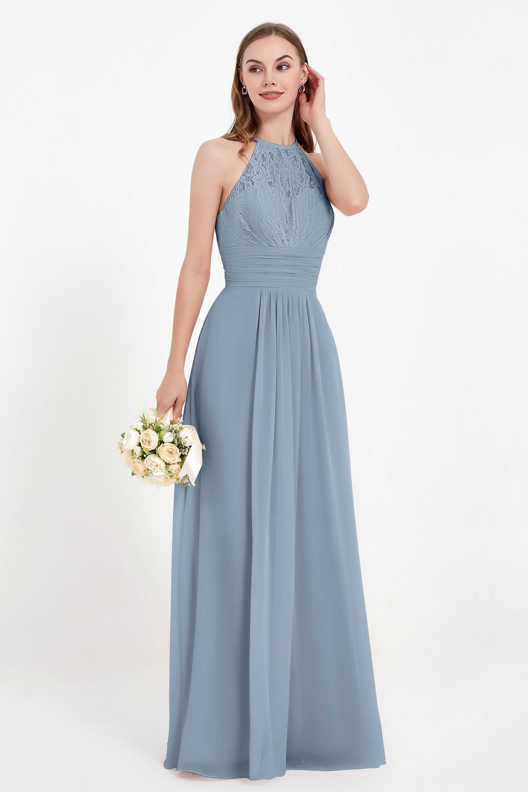Halter Chiffon Lace Bridesmaid Dress Pleated Ruched Formal Evening Prom Dresses Gowns