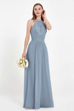 Halter Chiffon Lace Bridesmaid Dress Pleated Ruched Formal Evening Prom Dresses Gowns