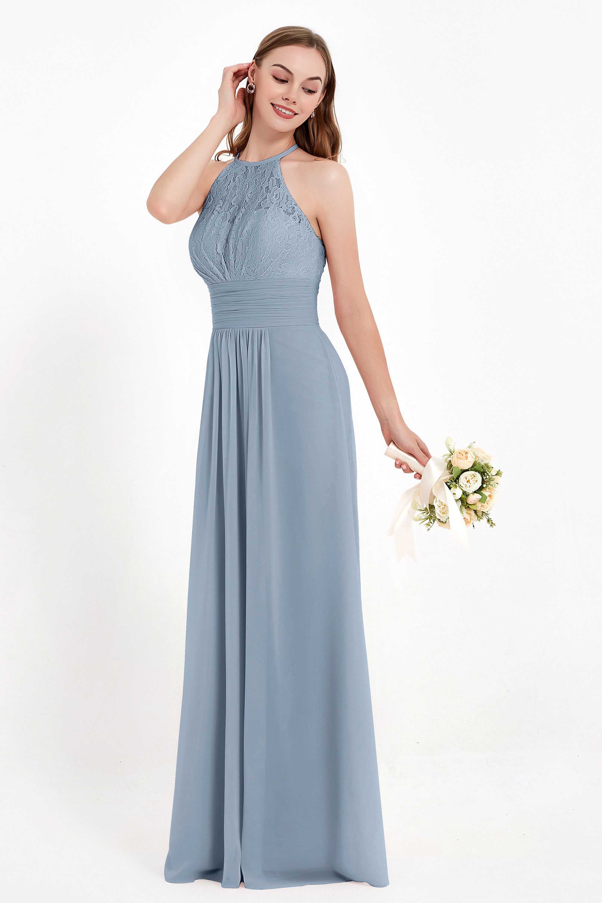 Halter Chiffon Lace Bridesmaid Dress Pleated Ruched Formal Evening Prom Dresses Gowns