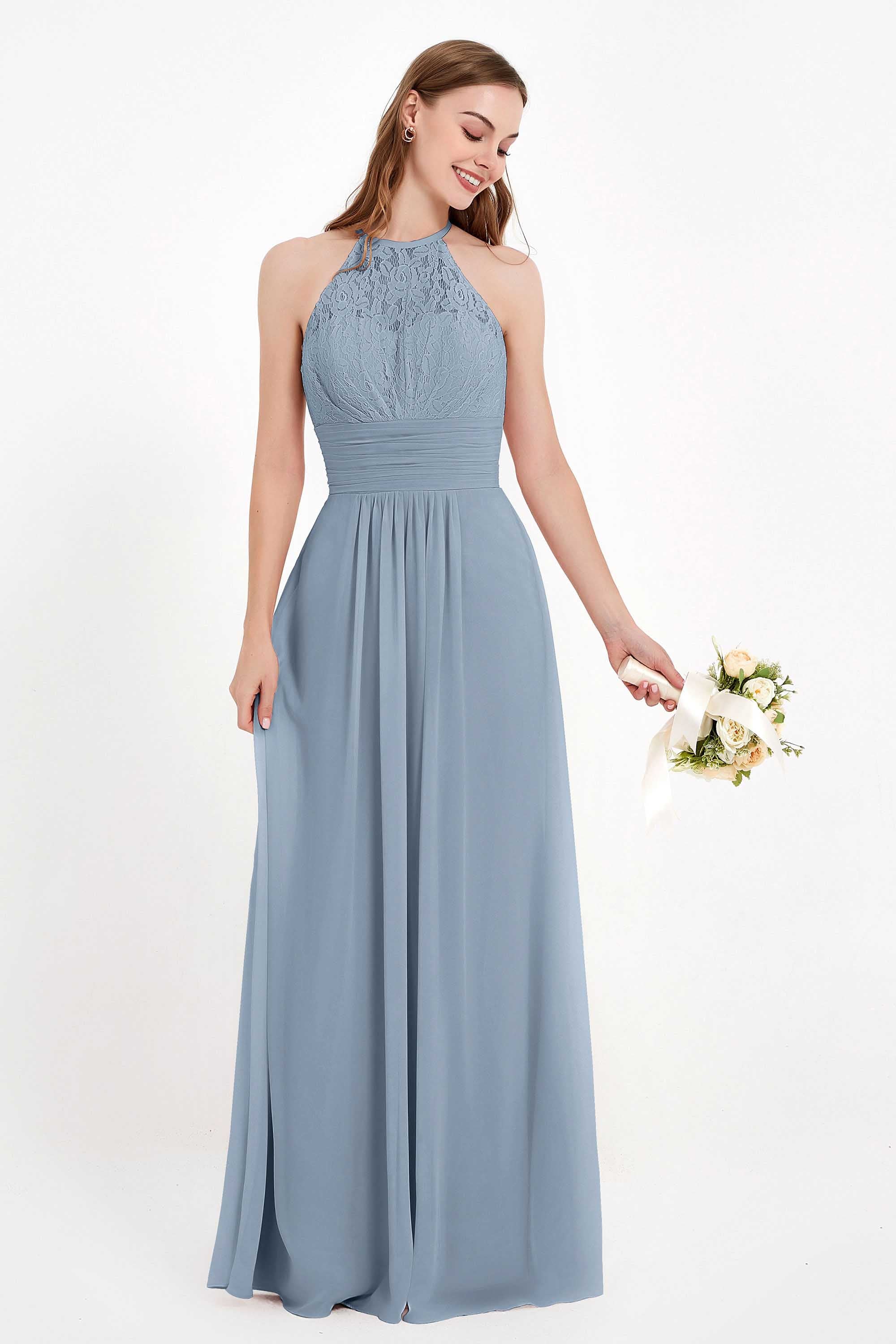 Halter Chiffon Lace Bridesmaid Dress Pleated Ruched Formal Evening Prom Dresses Gowns