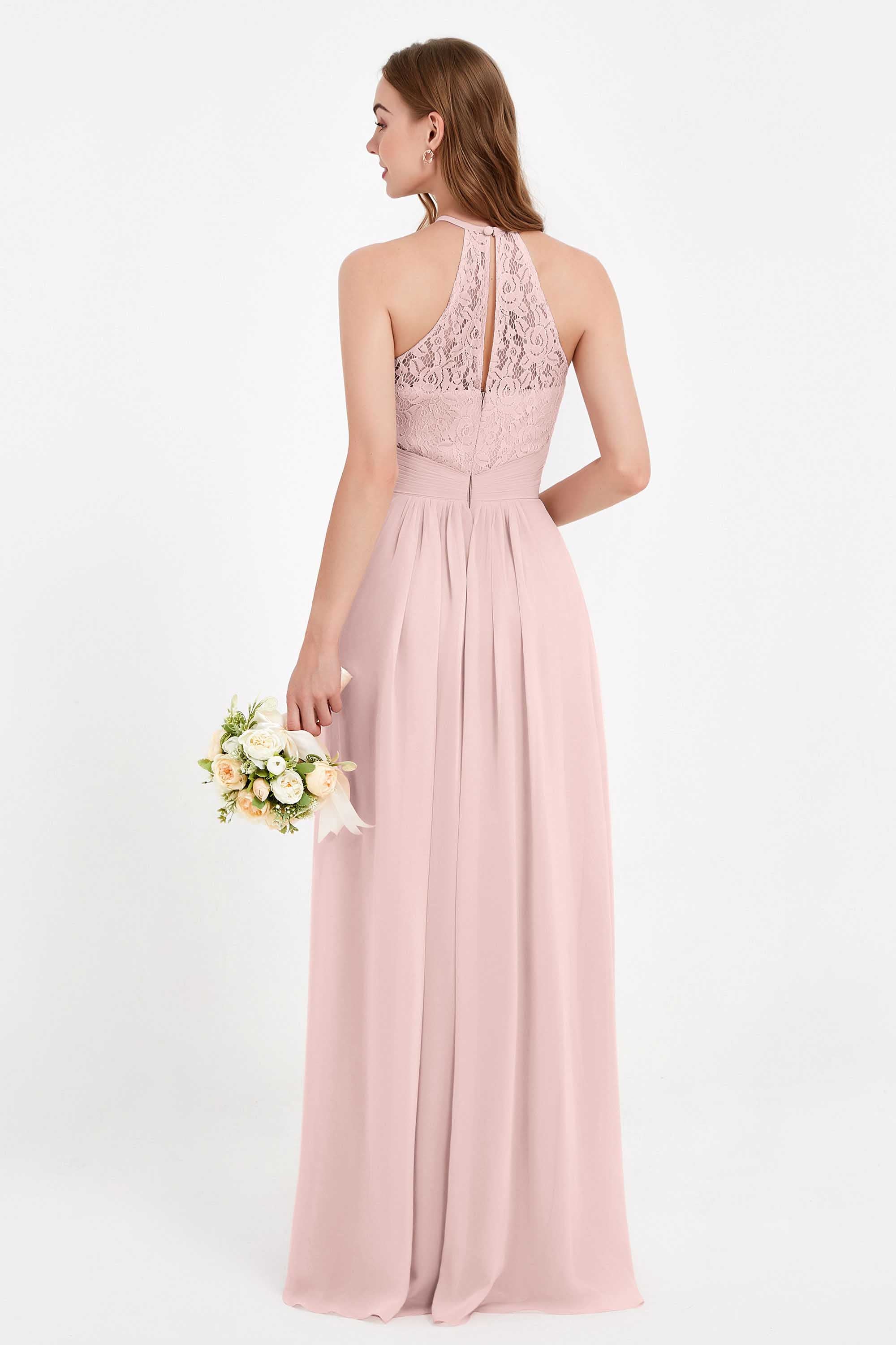 Halter Chiffon Lace Bridesmaid Dress Pleated Ruched Formal Evening Prom Dresses Gowns