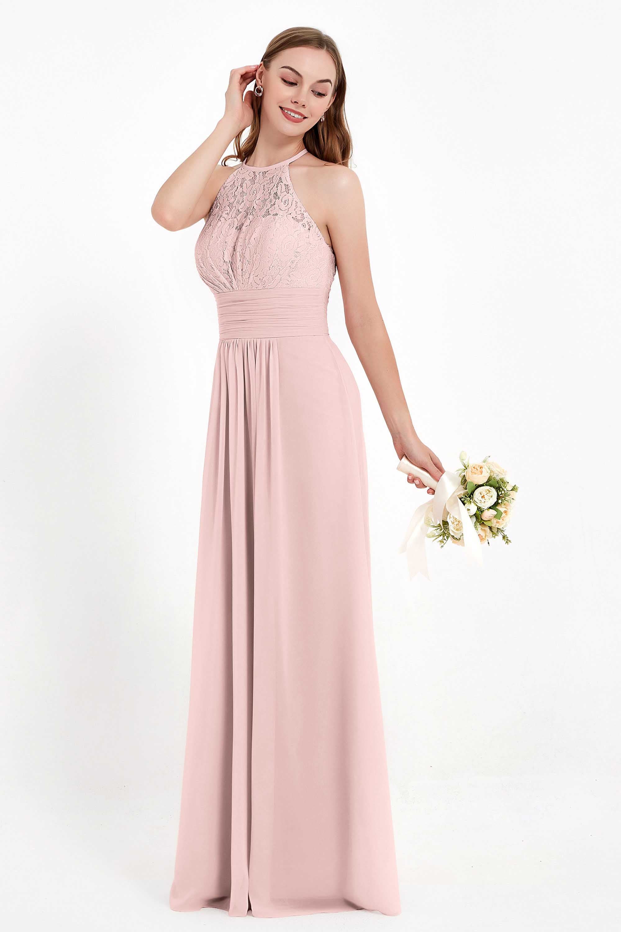 Halter Chiffon Lace Bridesmaid Dress Pleated Ruched Formal Evening Prom Dresses Gowns