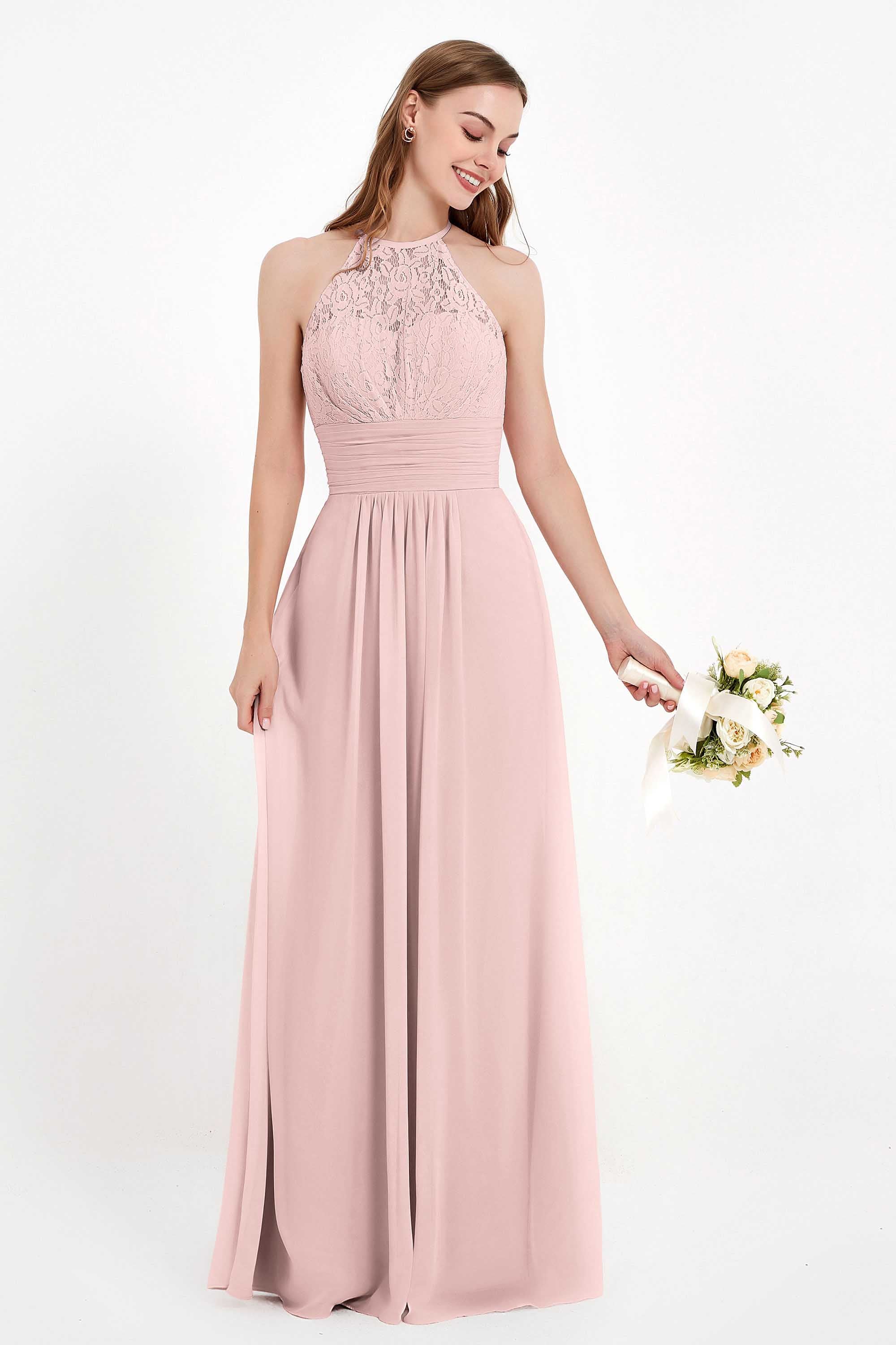 Halter Chiffon Lace Bridesmaid Dress Pleated Ruched Formal Evening Prom Dresses Gowns