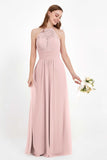 Halter Chiffon Lace Bridesmaid Dress Pleated Ruched Formal Evening Prom Dresses Gowns