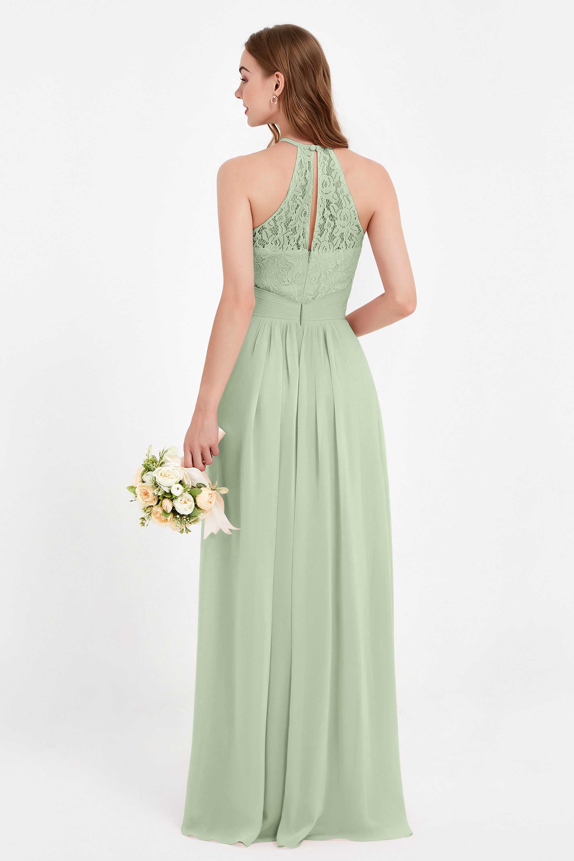 Halter Chiffon Lace Bridesmaid Dress Pleated Ruched Formal Evening Prom Dresses Gowns