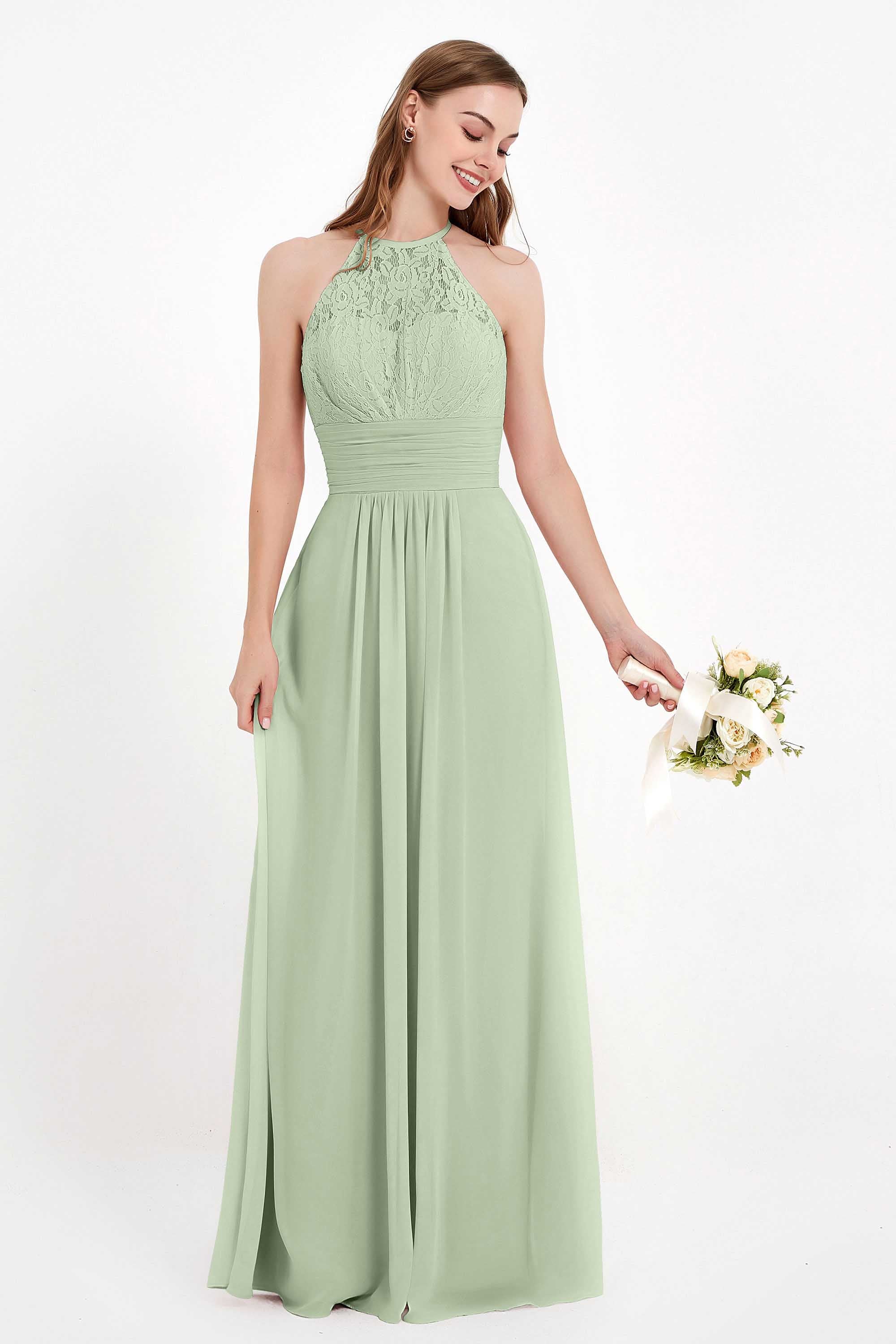Halter Chiffon Lace Bridesmaid Dress Pleated Ruched Formal Evening Prom Dresses Gowns