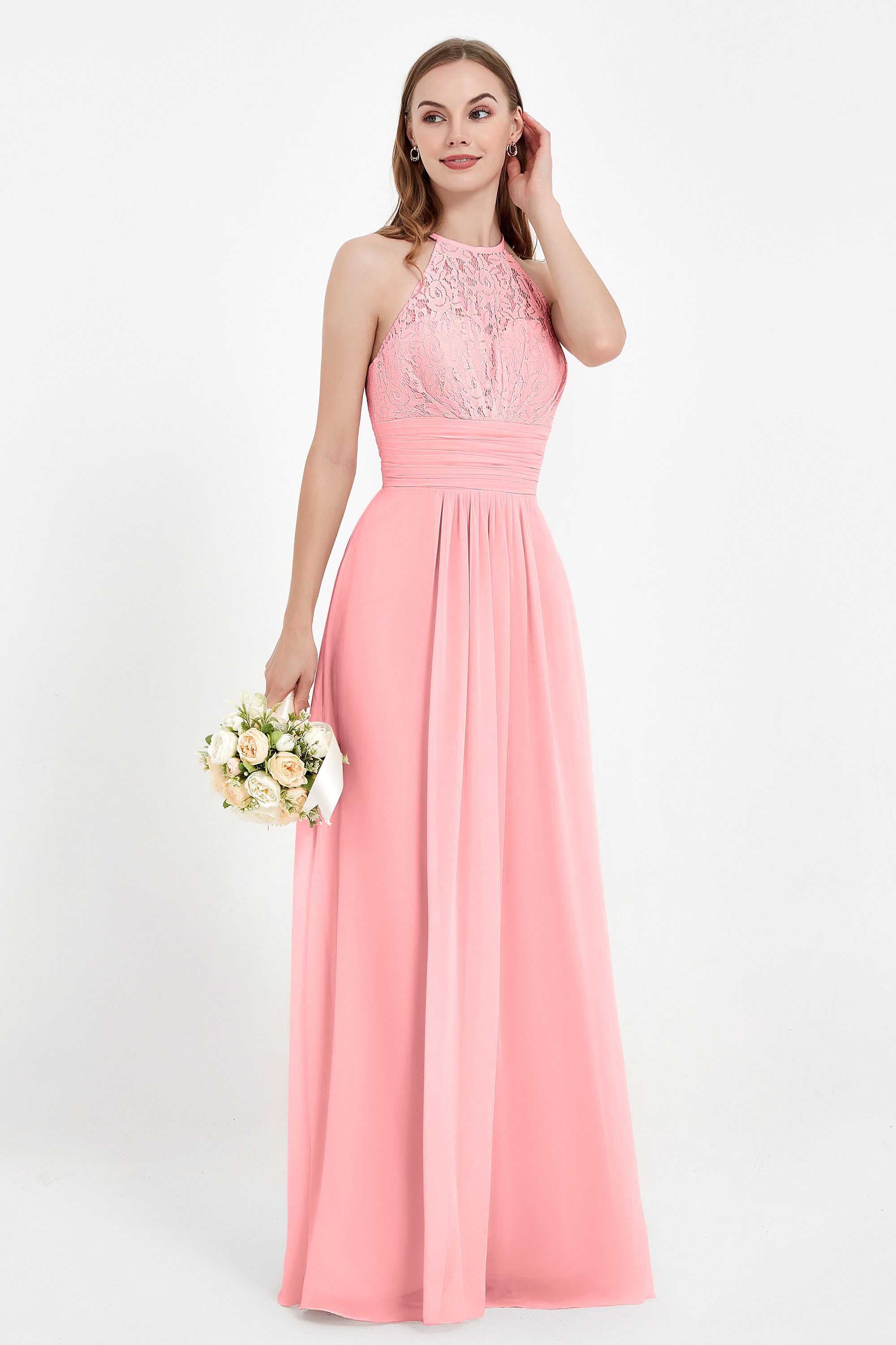 Halter Chiffon Lace Bridesmaid Dress Pleated Ruched Formal Evening Prom Dresses Gowns