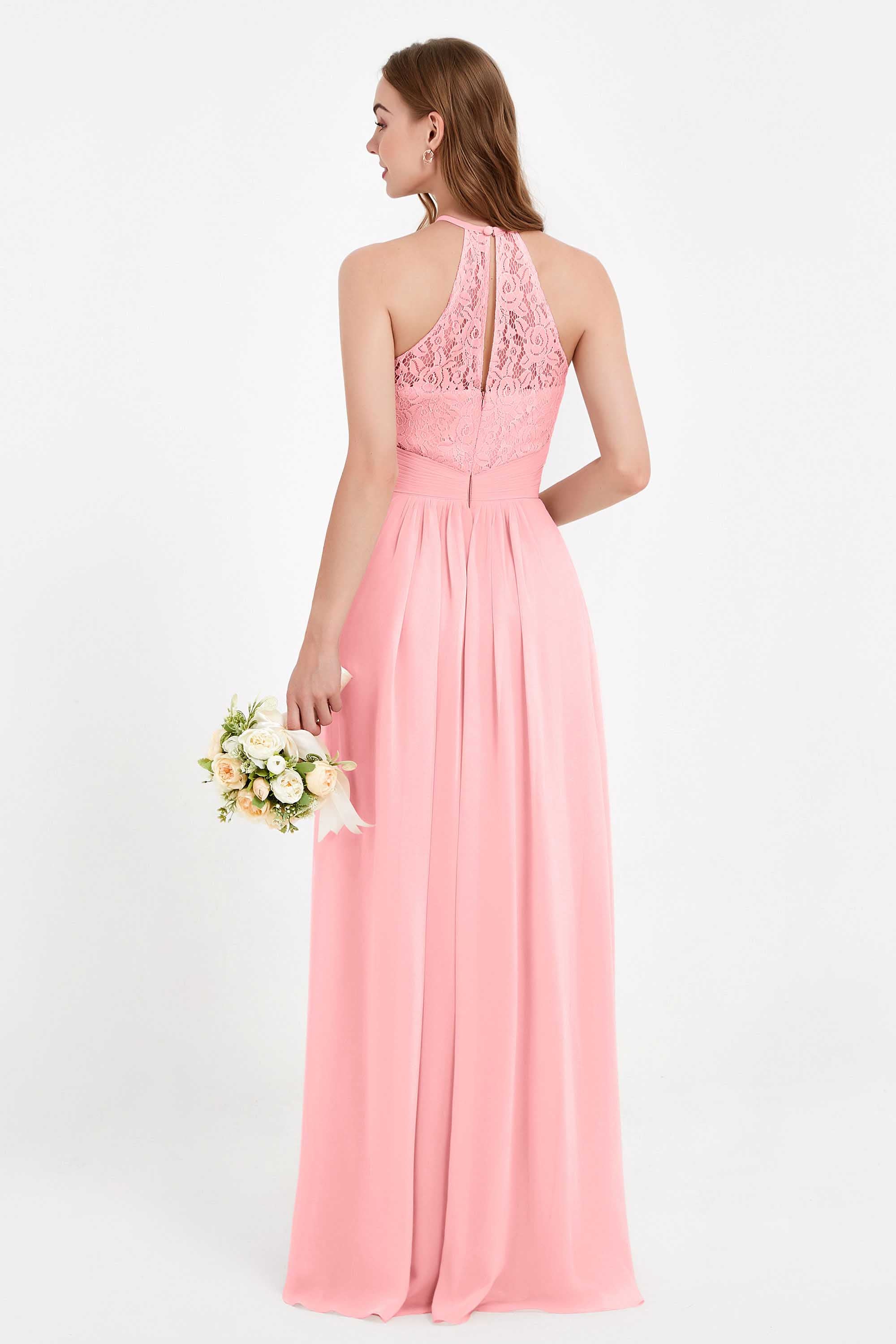 Halter Chiffon Lace Bridesmaid Dress Pleated Ruched Formal Evening Prom Dresses Gowns