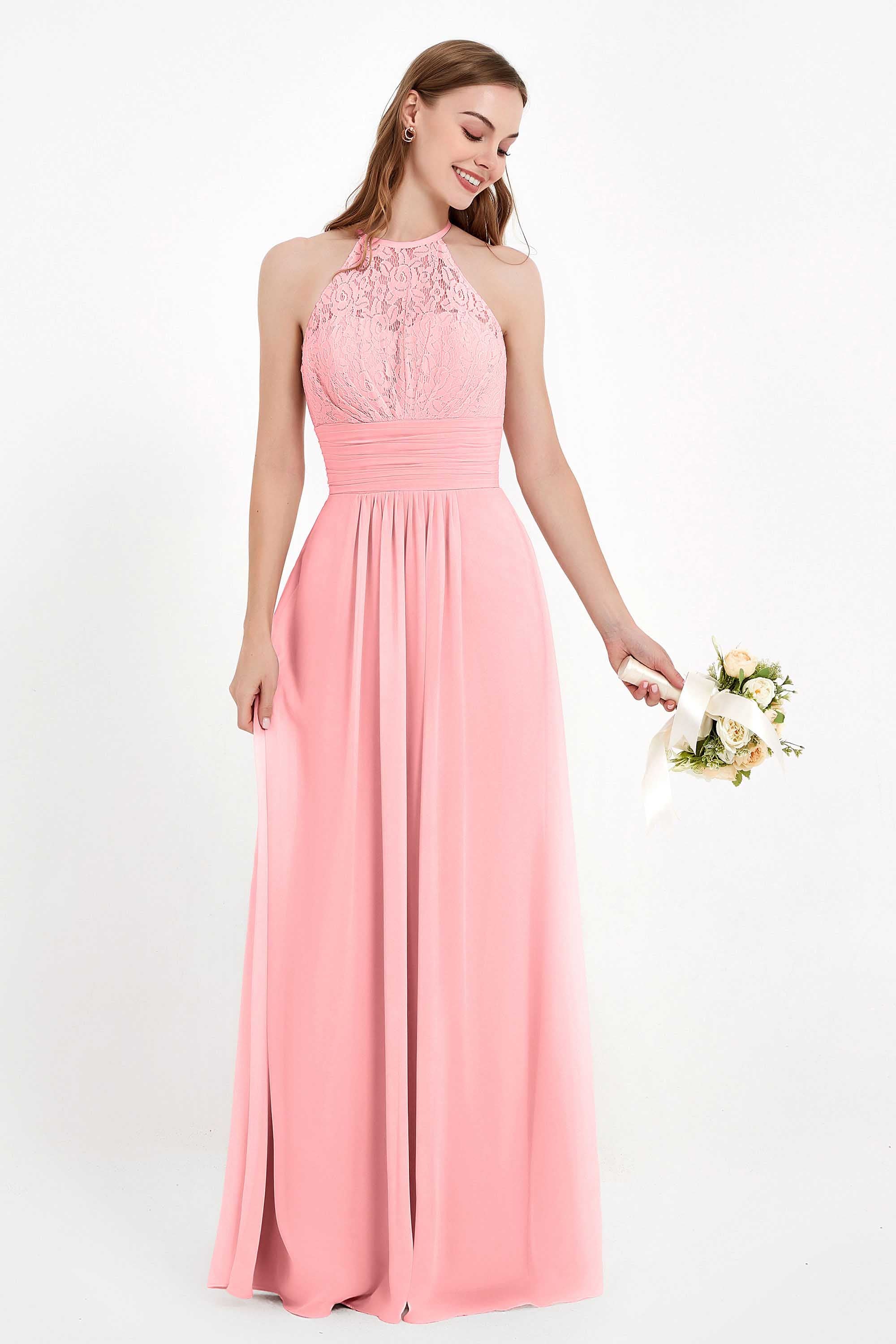 Halter Chiffon Lace Bridesmaid Dress Pleated Ruched Formal Evening Prom Dresses Gowns