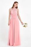 Halter Chiffon Lace Bridesmaid Dress Pleated Ruched Formal Evening Prom Dresses Gowns