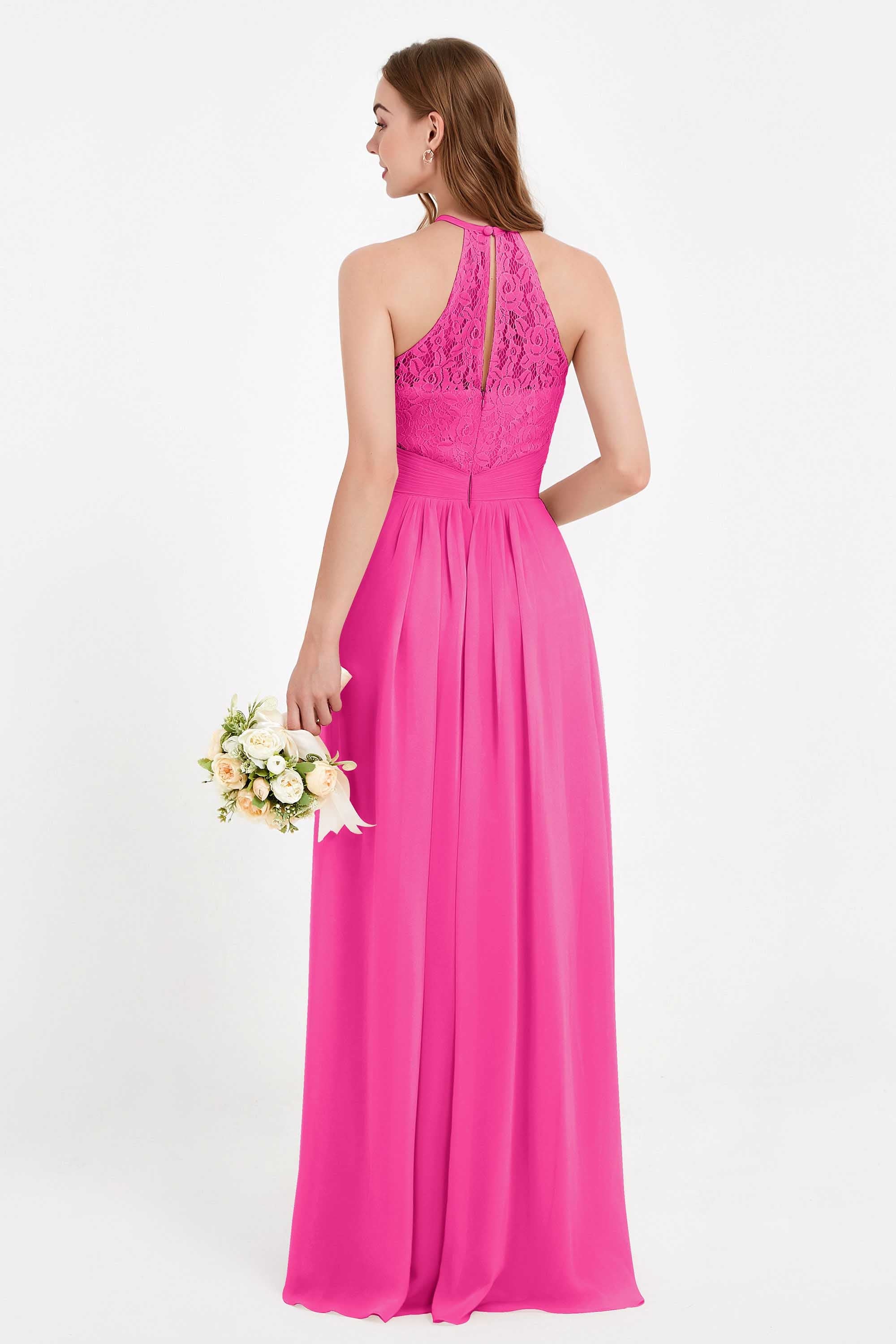 Halter Chiffon Lace Bridesmaid Dress Pleated Ruched Formal Evening Prom Dresses Gowns