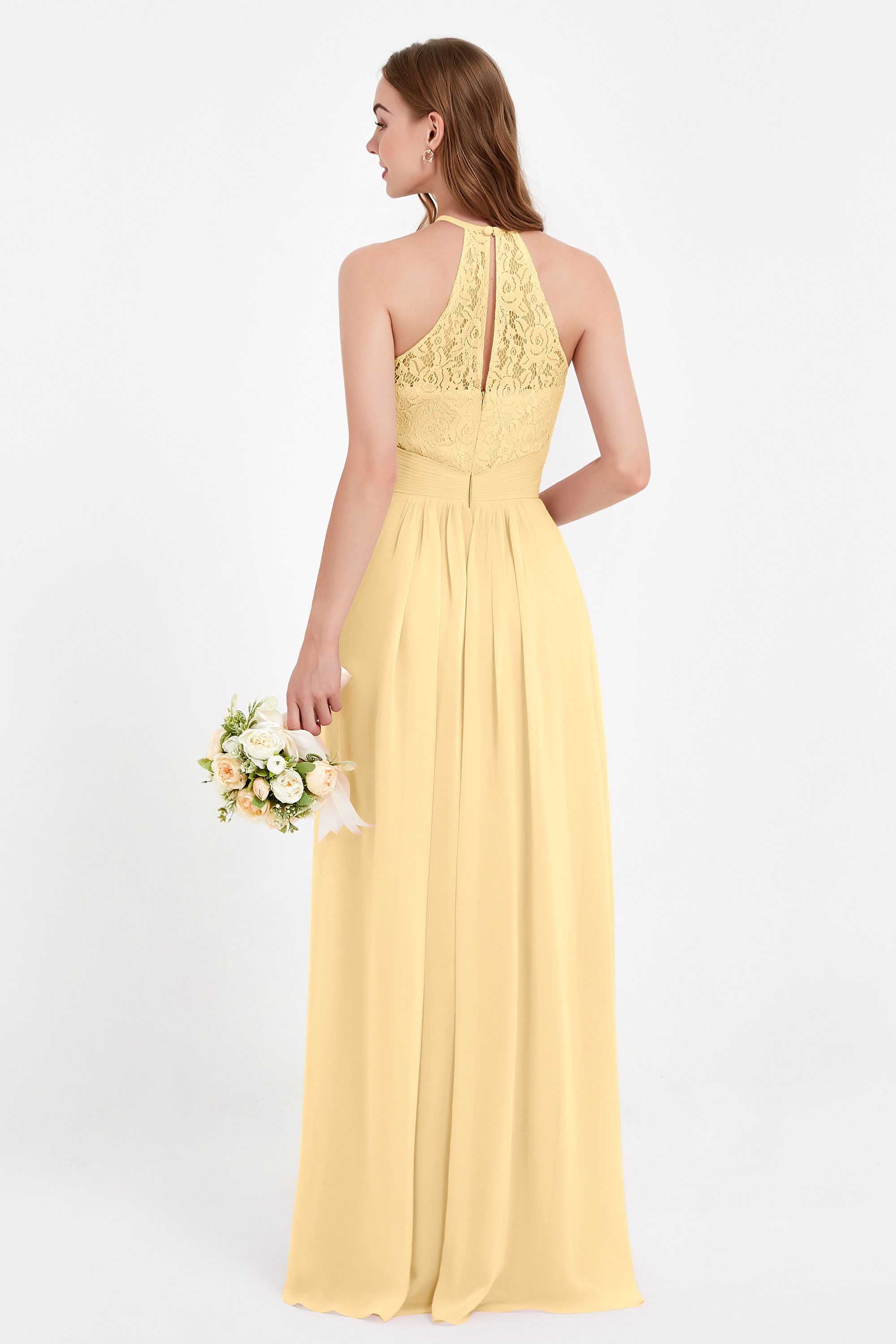 Halter Chiffon Lace Bridesmaid Dress Pleated Ruched Formal Evening Prom Dresses Gowns