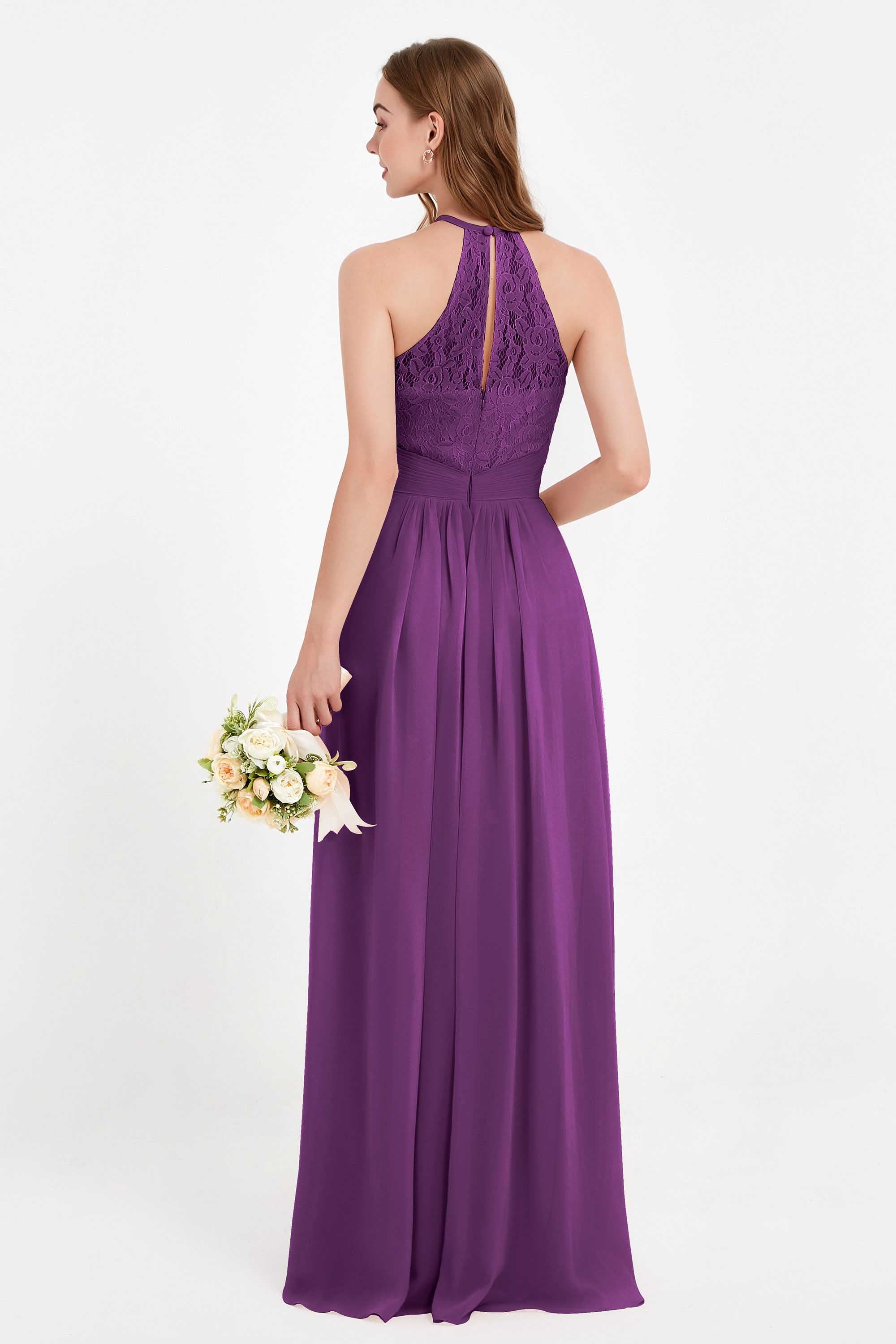 Halter Chiffon Lace Bridesmaid Dress Pleated Ruched Formal Evening Prom Dresses Gowns