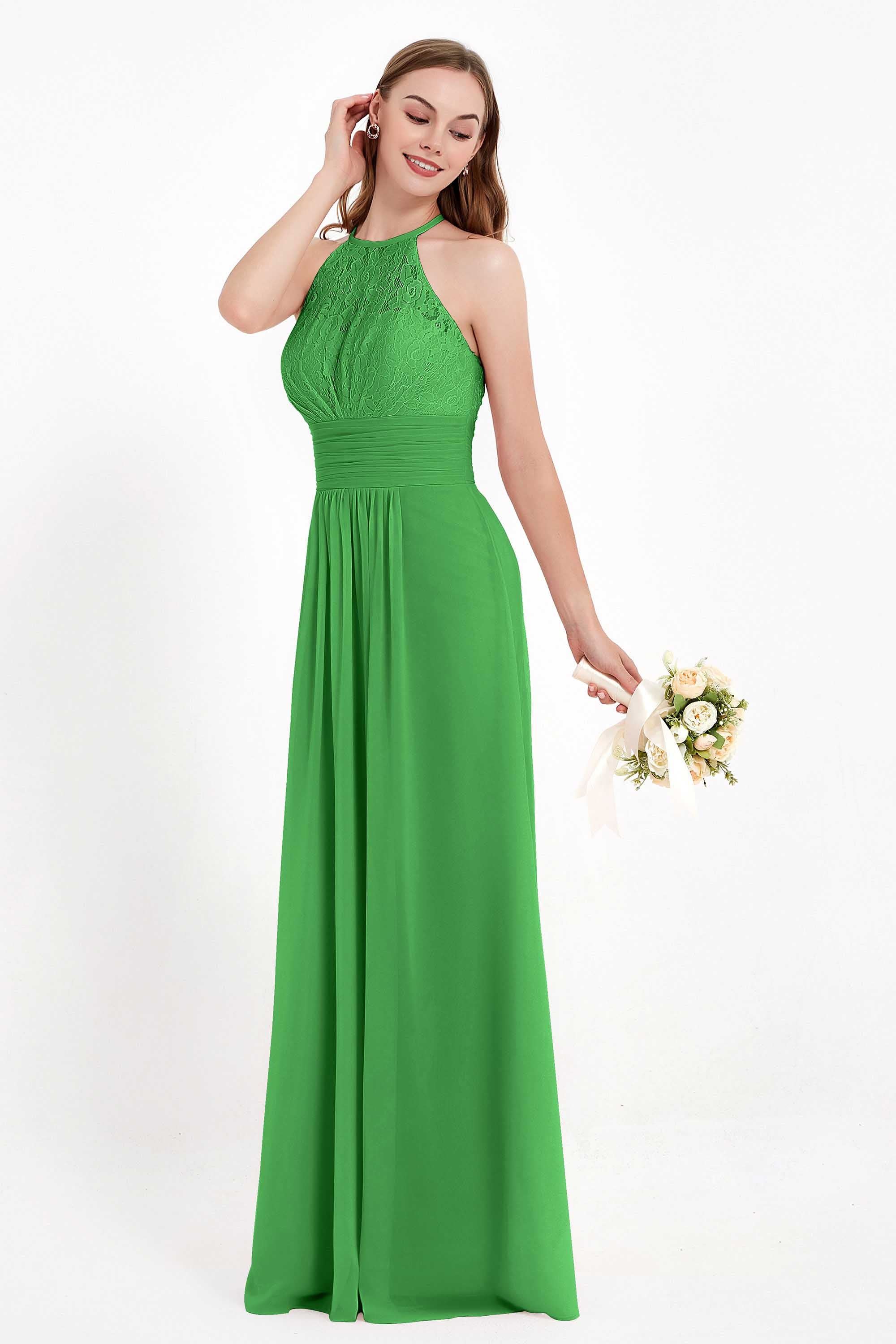 Halter Chiffon Lace Bridesmaid Dress Pleated Ruched Formal Evening Prom Dresses Gowns
