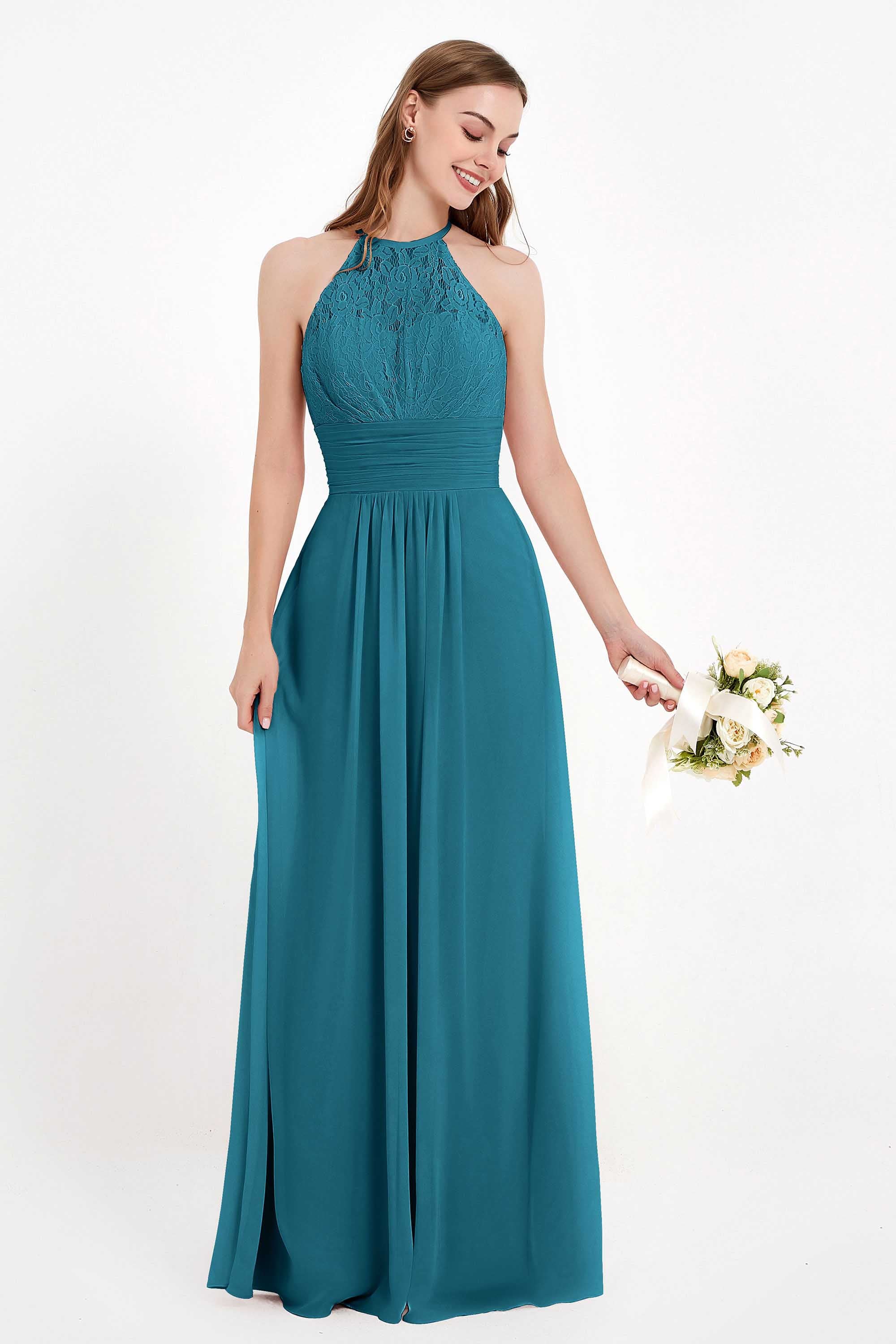 Halter Chiffon Lace Bridesmaid Dress Pleated Ruched Formal Evening Prom Dresses Gowns