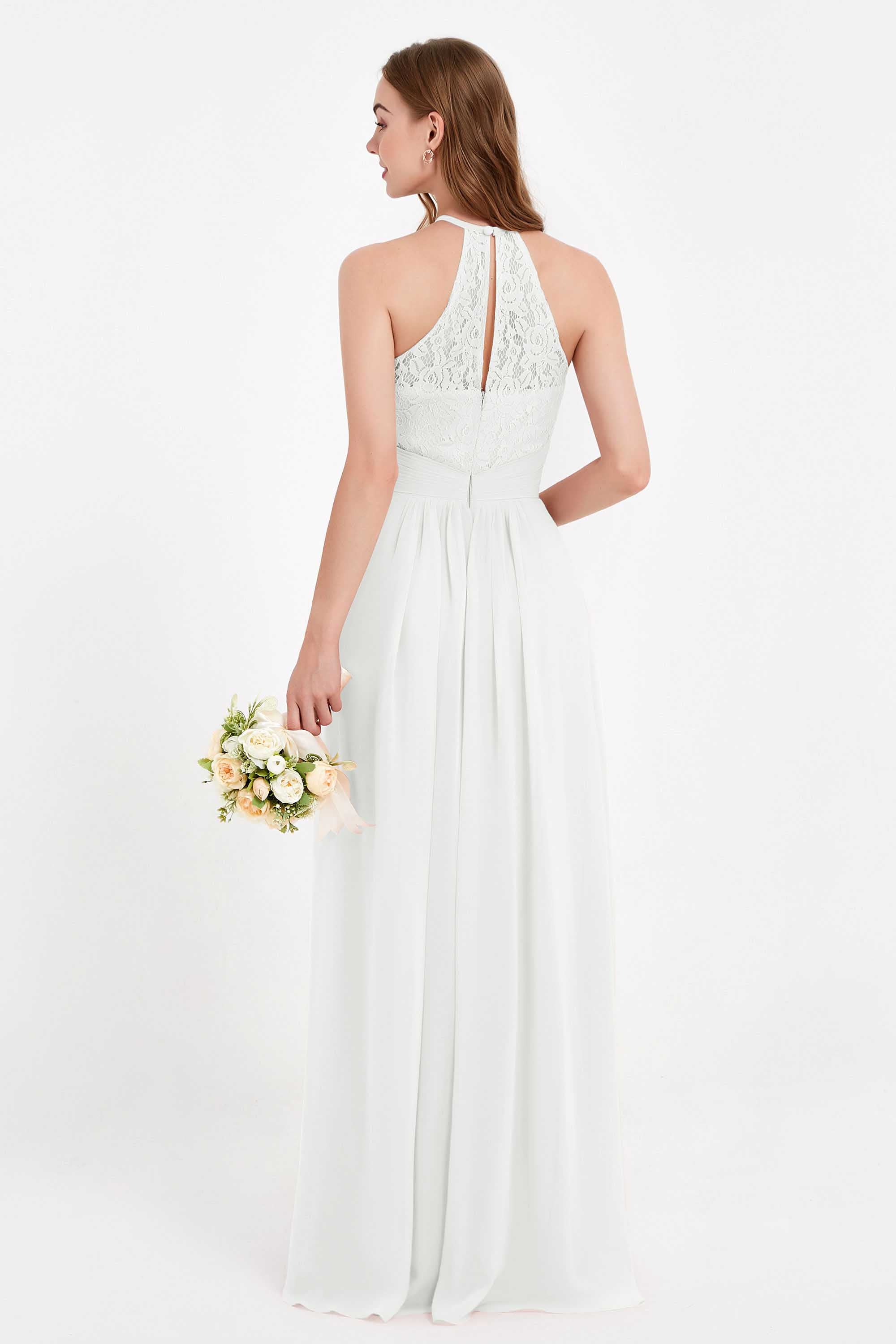 Halter Chiffon Lace Bridesmaid Dress Pleated Ruched Formal Evening Prom Dresses Gowns