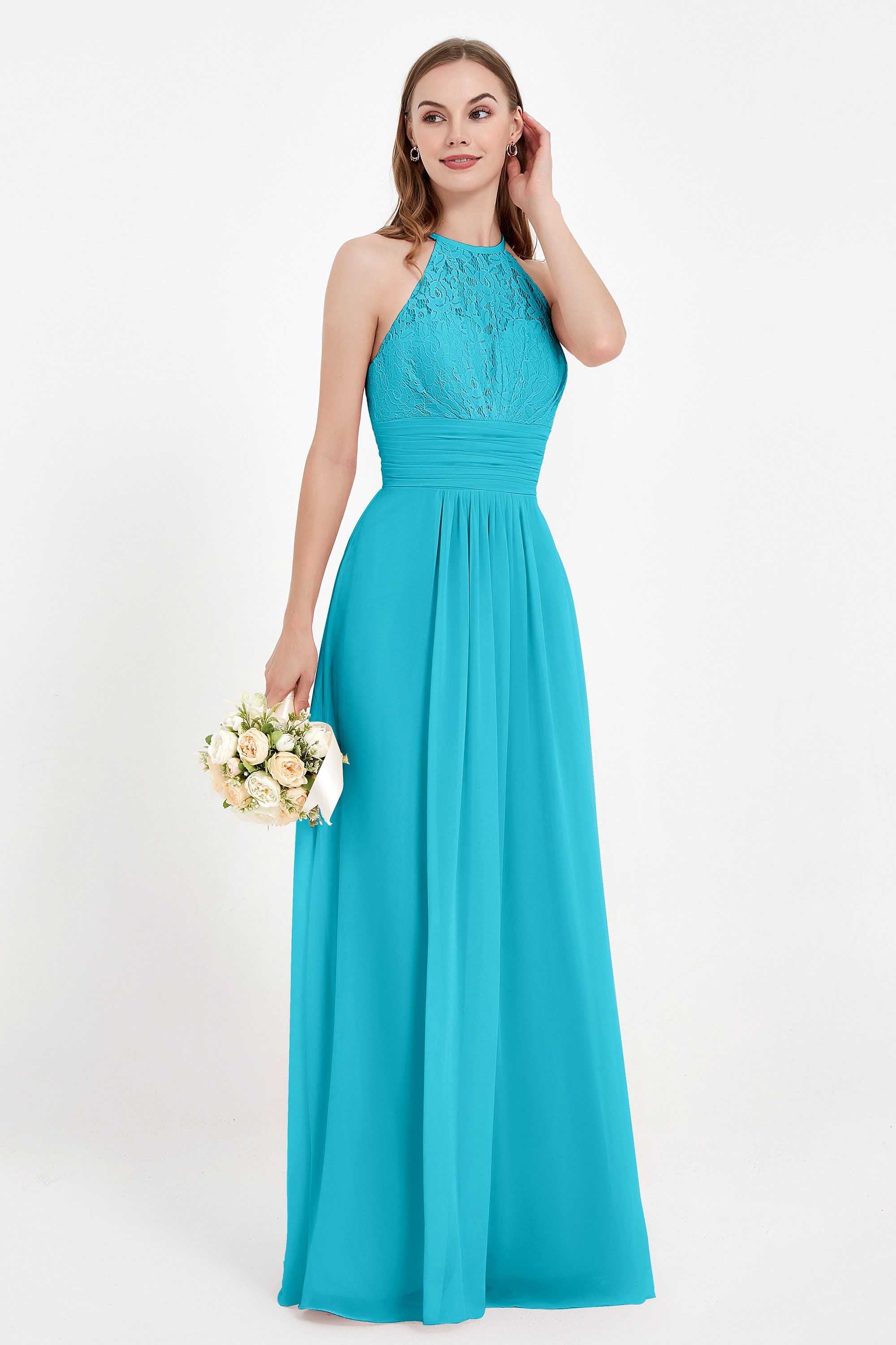 Halter Chiffon Lace Bridesmaid Dress Pleated Ruched Formal Evening Prom Dresses Gowns