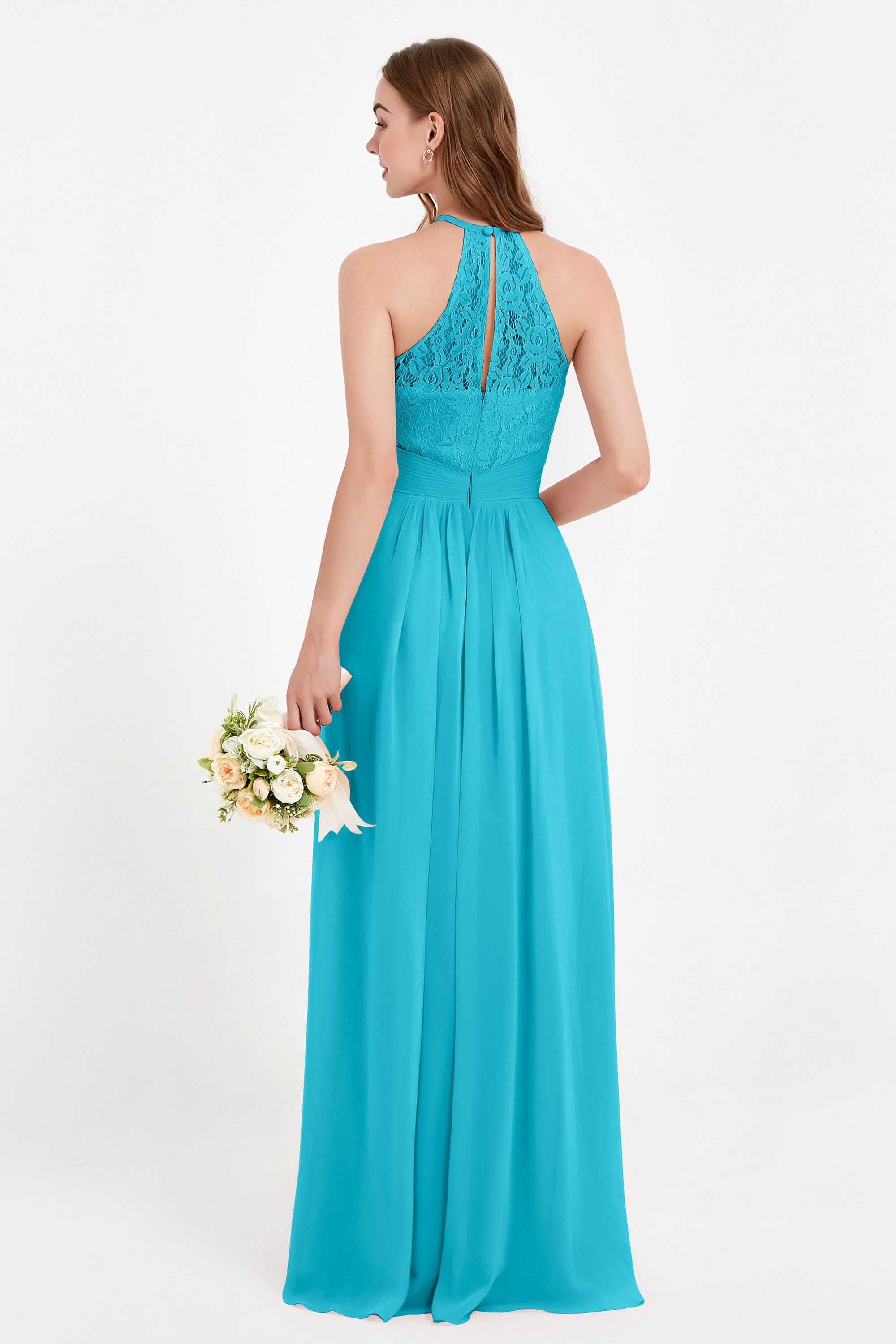 Halter Chiffon Lace Bridesmaid Dress Pleated Ruched Formal Evening Prom Dresses Gowns