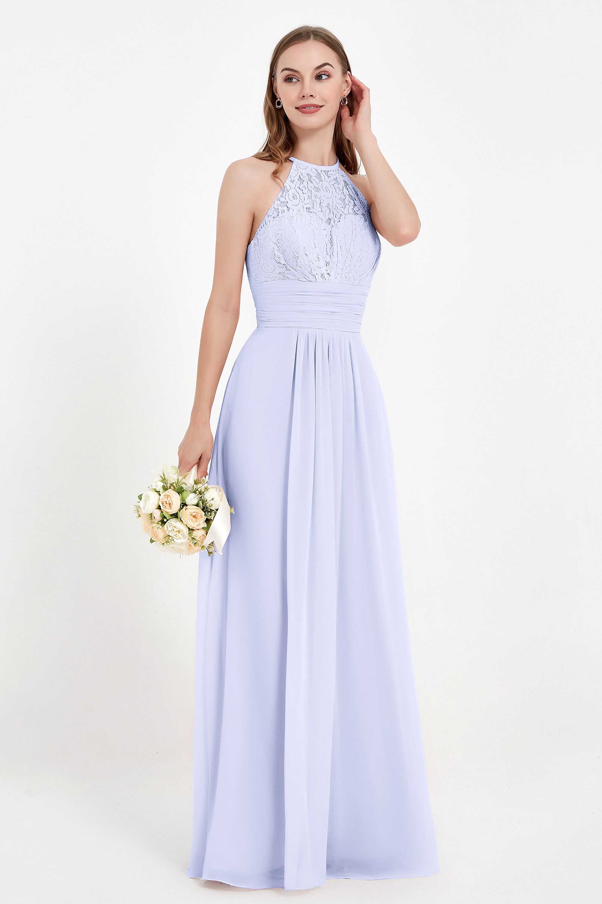 Halter Chiffon Lace Bridesmaid Dress Pleated Ruched Formal Evening Prom Dresses Gowns