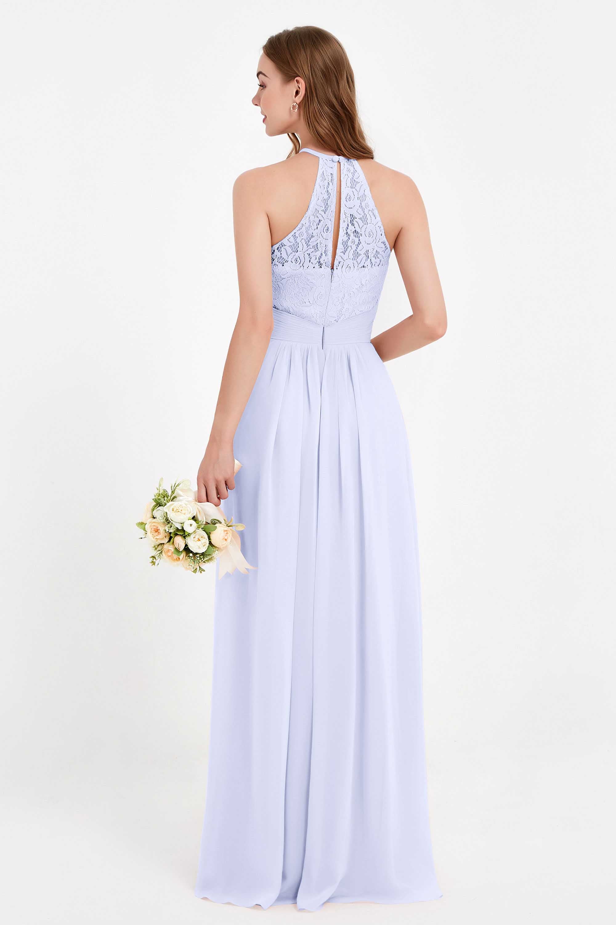 Halter Chiffon Lace Bridesmaid Dress Pleated Ruched Formal Evening Prom Dresses Gowns