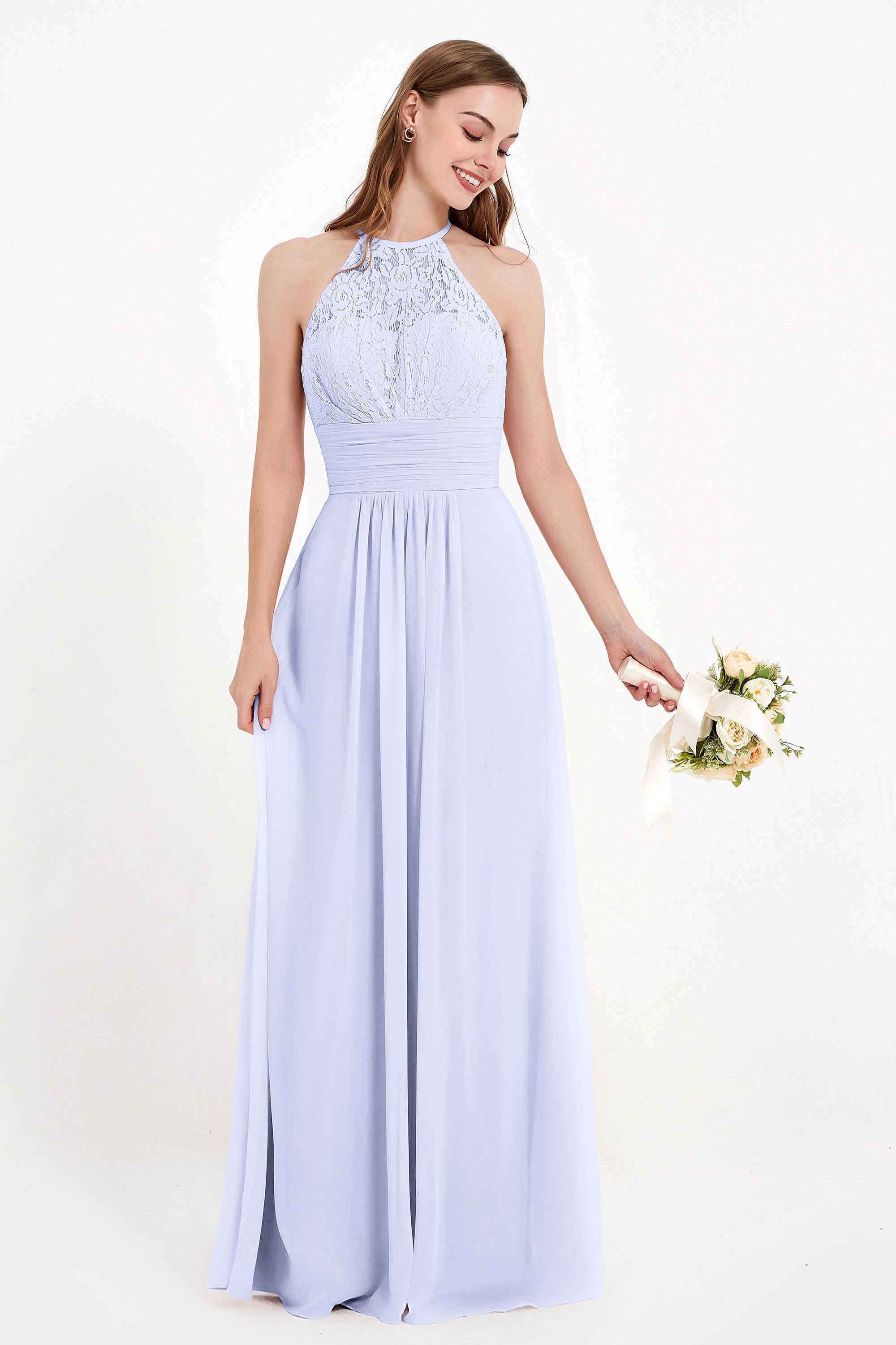Halter Chiffon Lace Bridesmaid Dress Pleated Ruched Formal Evening Prom Dresses Gowns