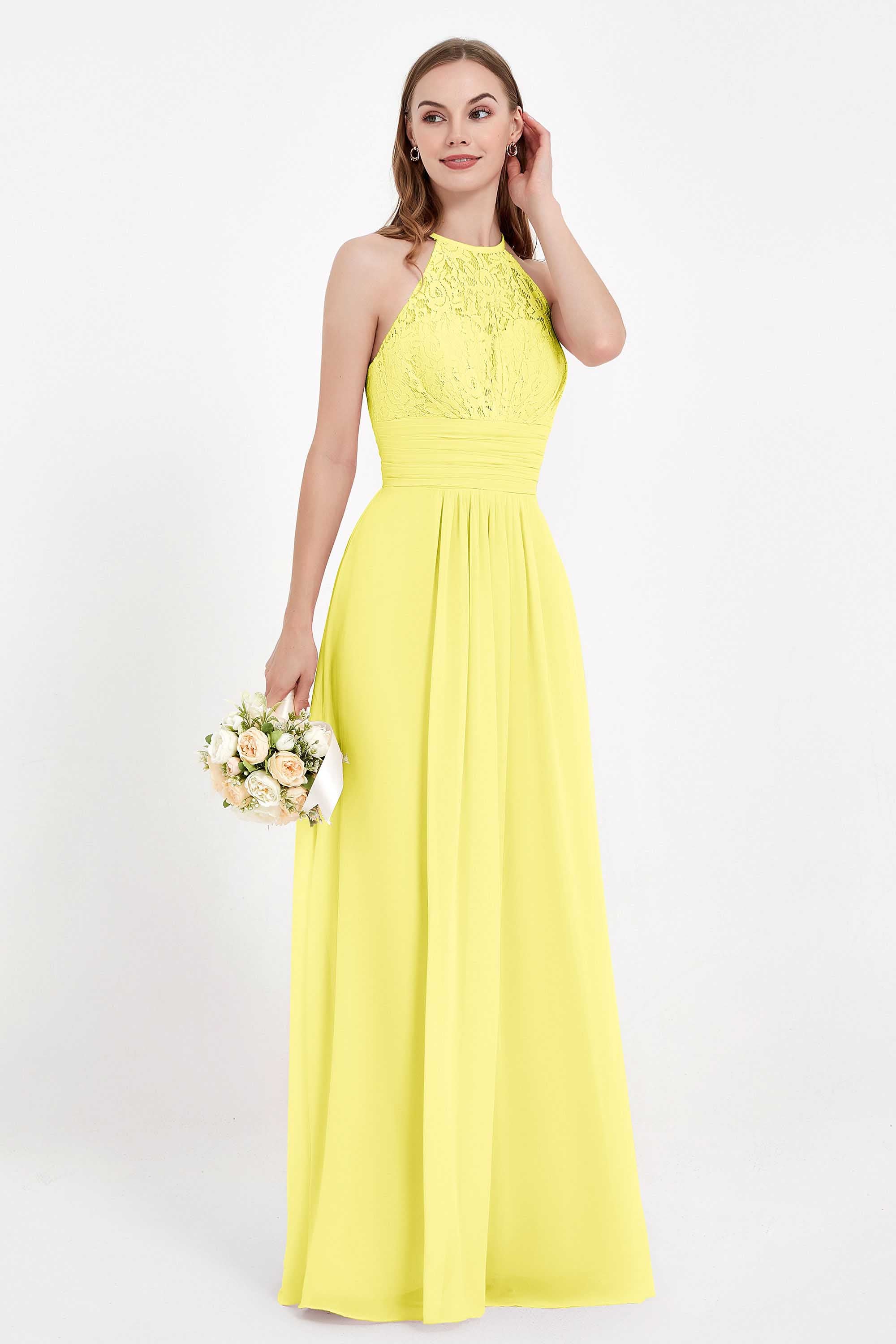 Halter Chiffon Lace Bridesmaid Dress Pleated Ruched Formal Evening Prom Dresses Gowns