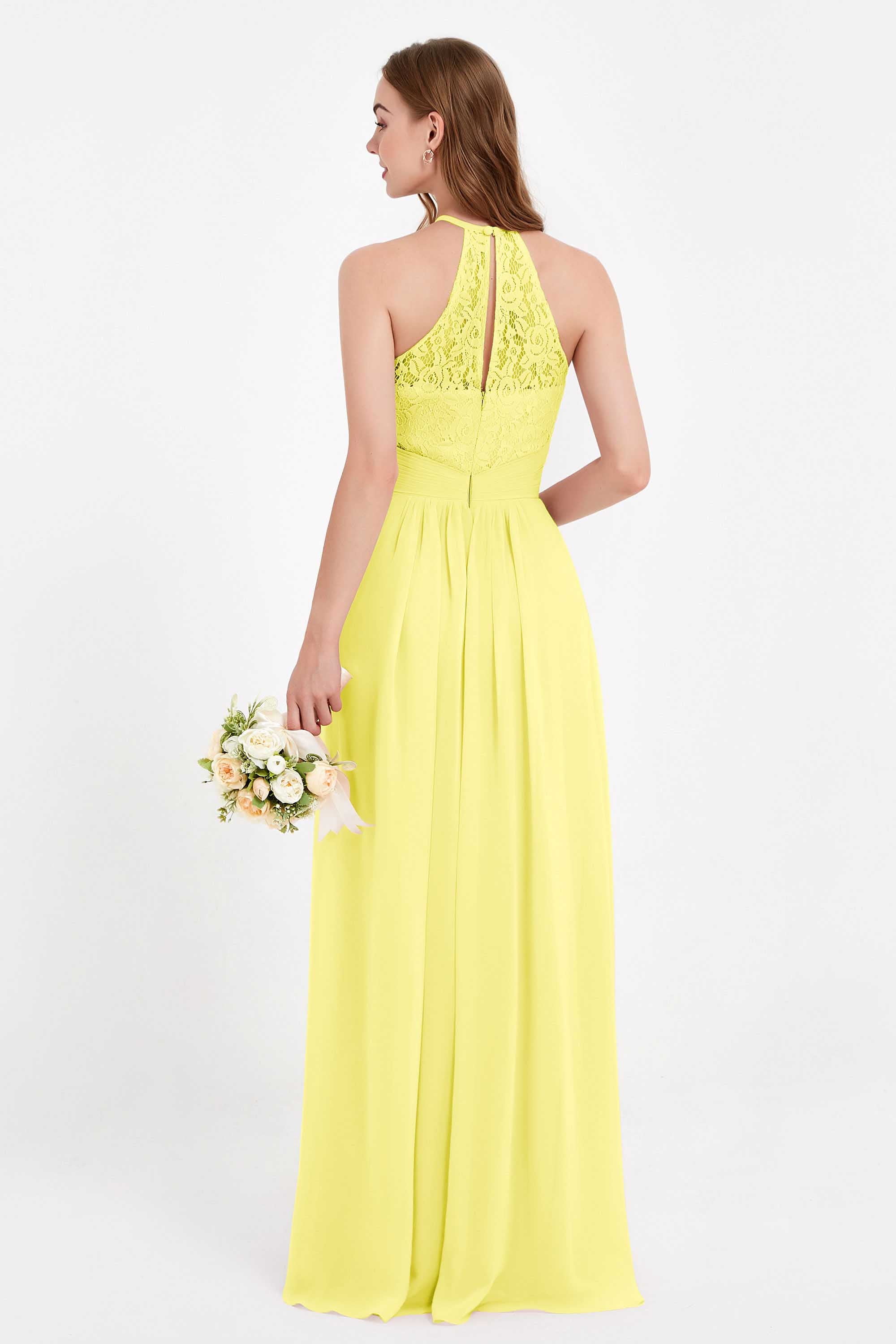 Halter Chiffon Lace Bridesmaid Dress Pleated Ruched Formal Evening Prom Dresses Gowns