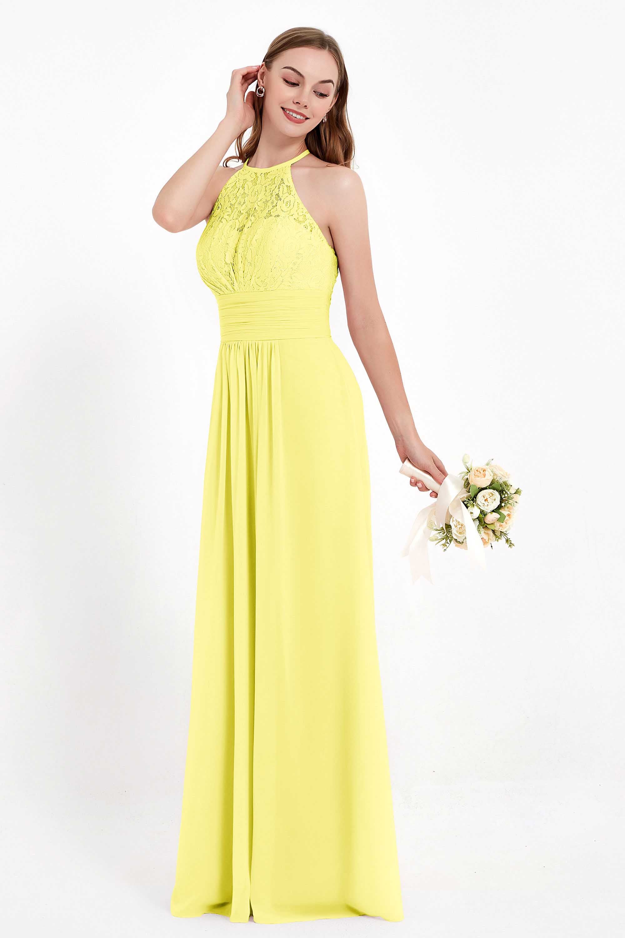 Halter Chiffon Lace Bridesmaid Dress Pleated Ruched Formal Evening Prom Dresses Gowns