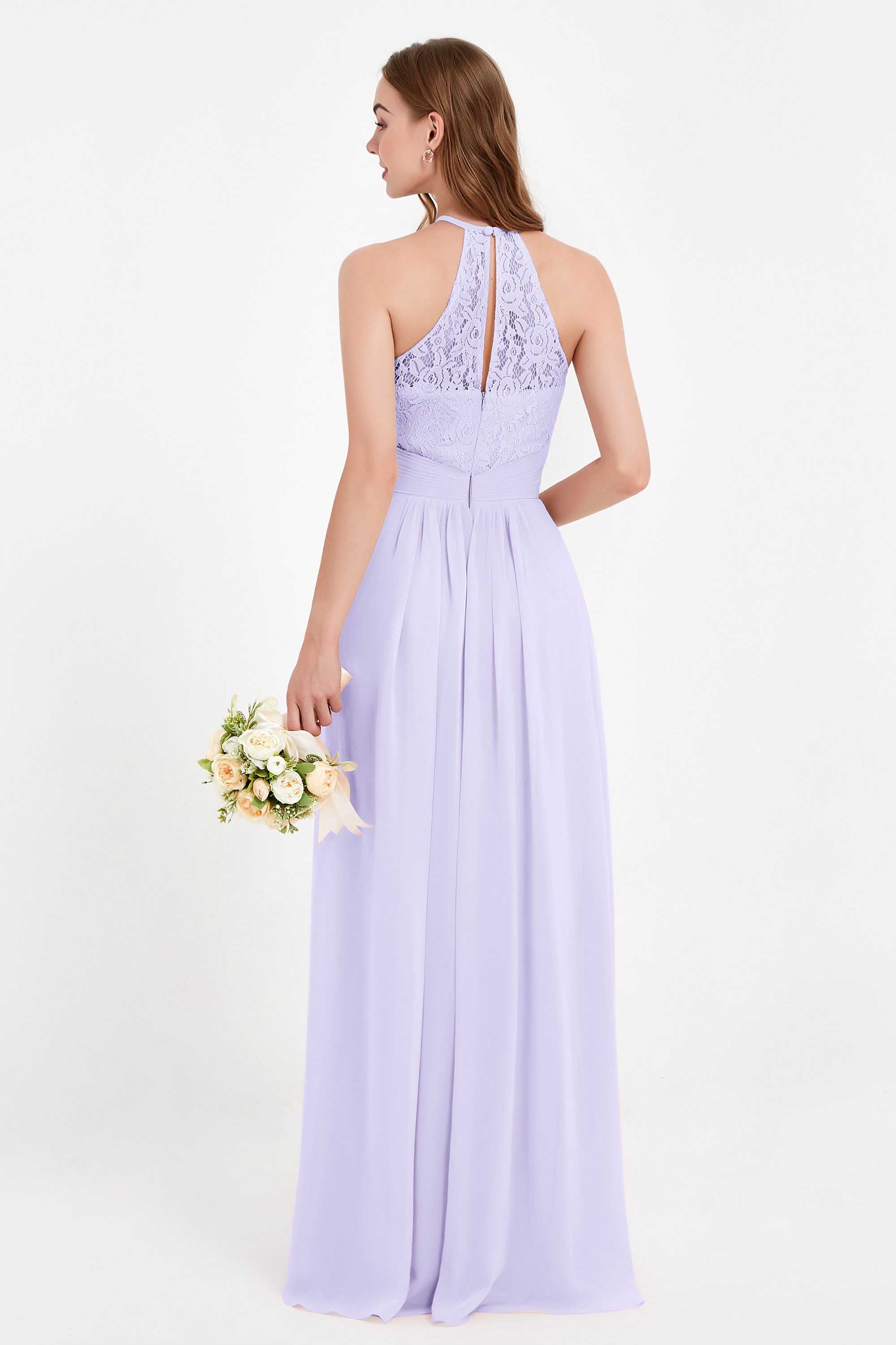 Halter Chiffon Lace Bridesmaid Dress Pleated Ruched Formal Evening Prom Dresses Gowns