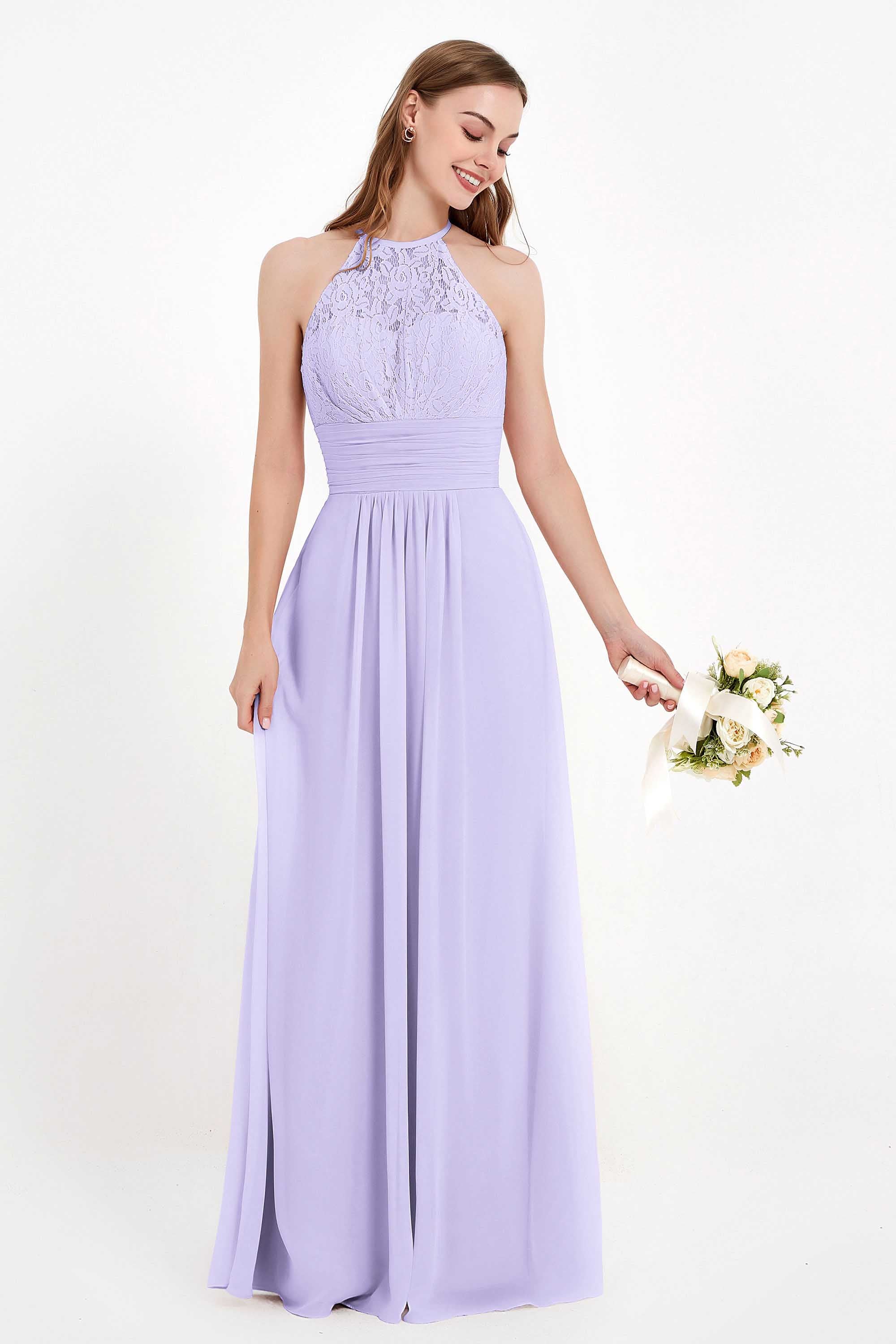 Halter Chiffon Lace Bridesmaid Dress Pleated Ruched Formal Evening Prom Dresses Gowns