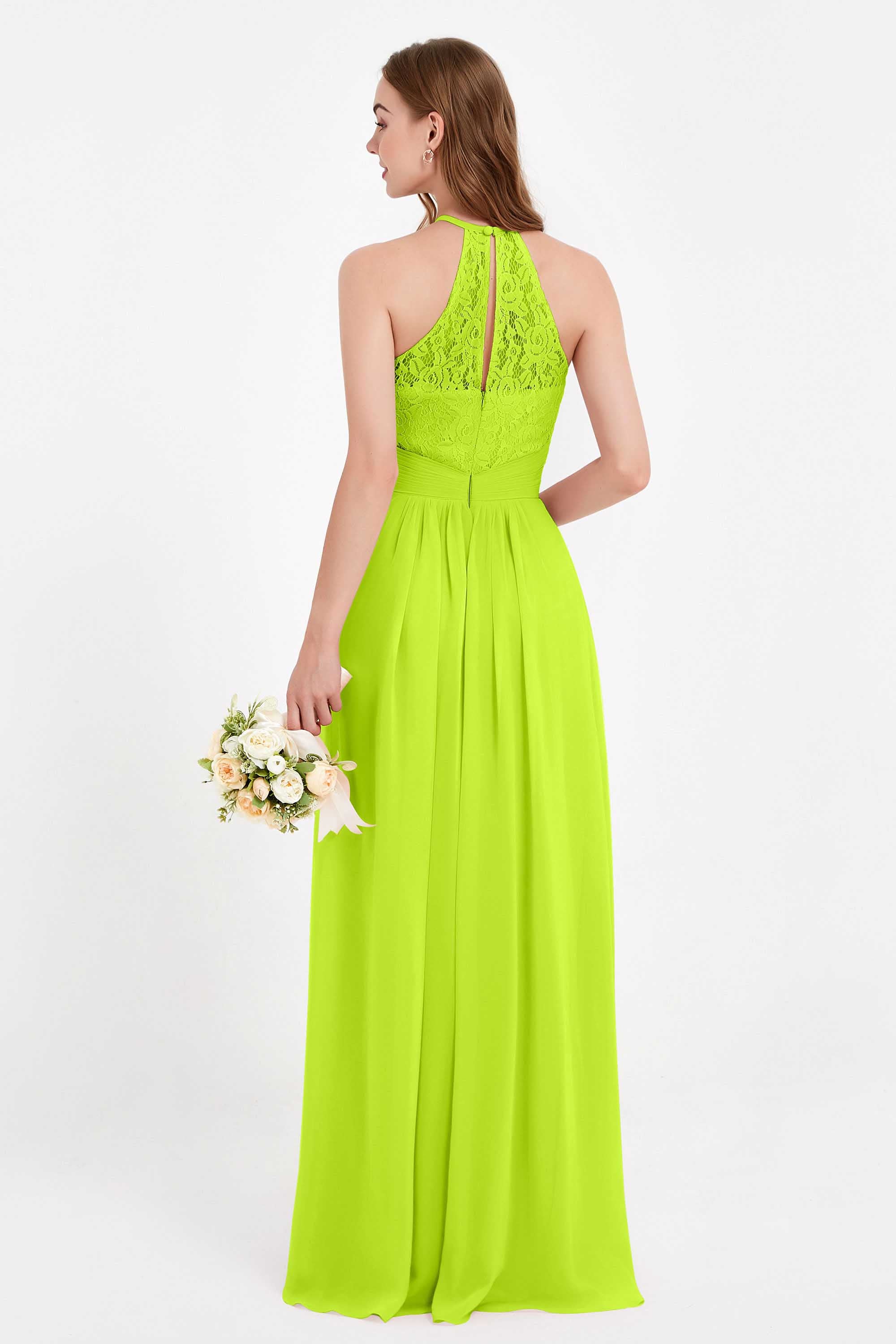 Halter Chiffon Lace Bridesmaid Dress Pleated Ruched Formal Evening Prom Dresses Gowns